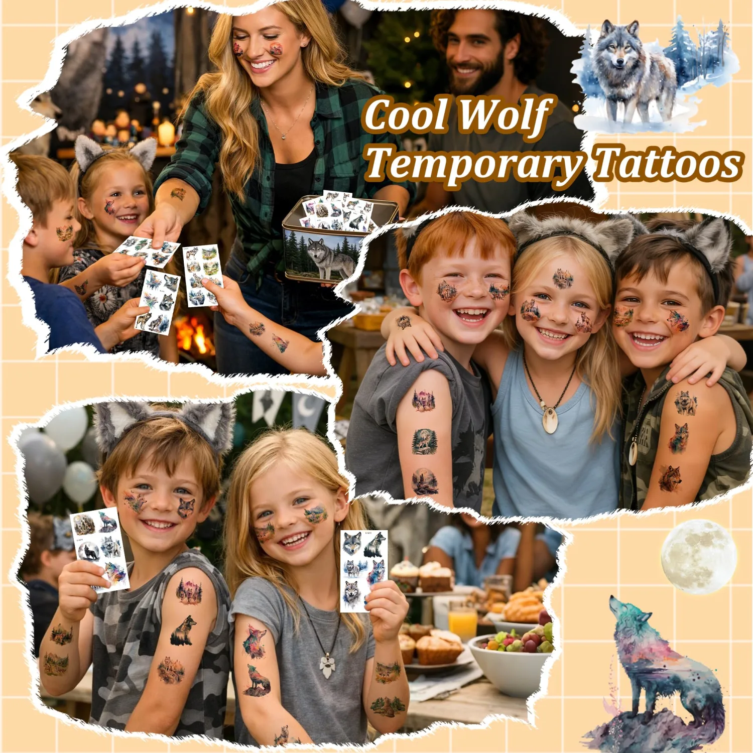 Wolf Temporary Tattoos for Kids, Cool Wolf Stickers Tattoos, Wolf Party Decorations for Birthday Celebrations, Party Favors Decorations Supplies Accessories Rewards Gifts for Boys Girls