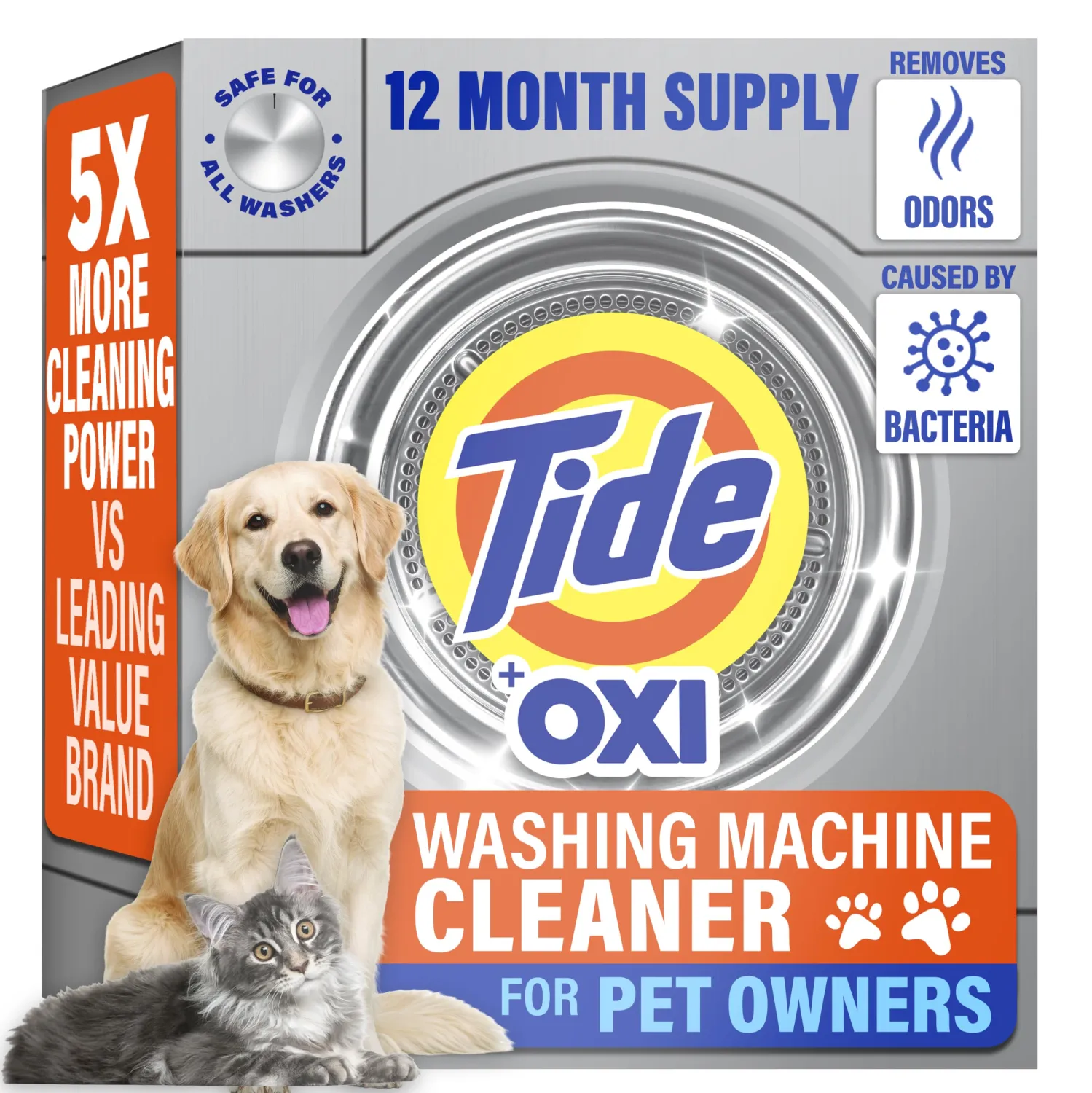 Tide Pet Washing Machine Cleaner 52 Week Supply with Oxi for Front and Top Loader Washer Machines, Deep Cleaning Residue & Odor Eliminator, 12 Month Supply (Packaging May Vary)