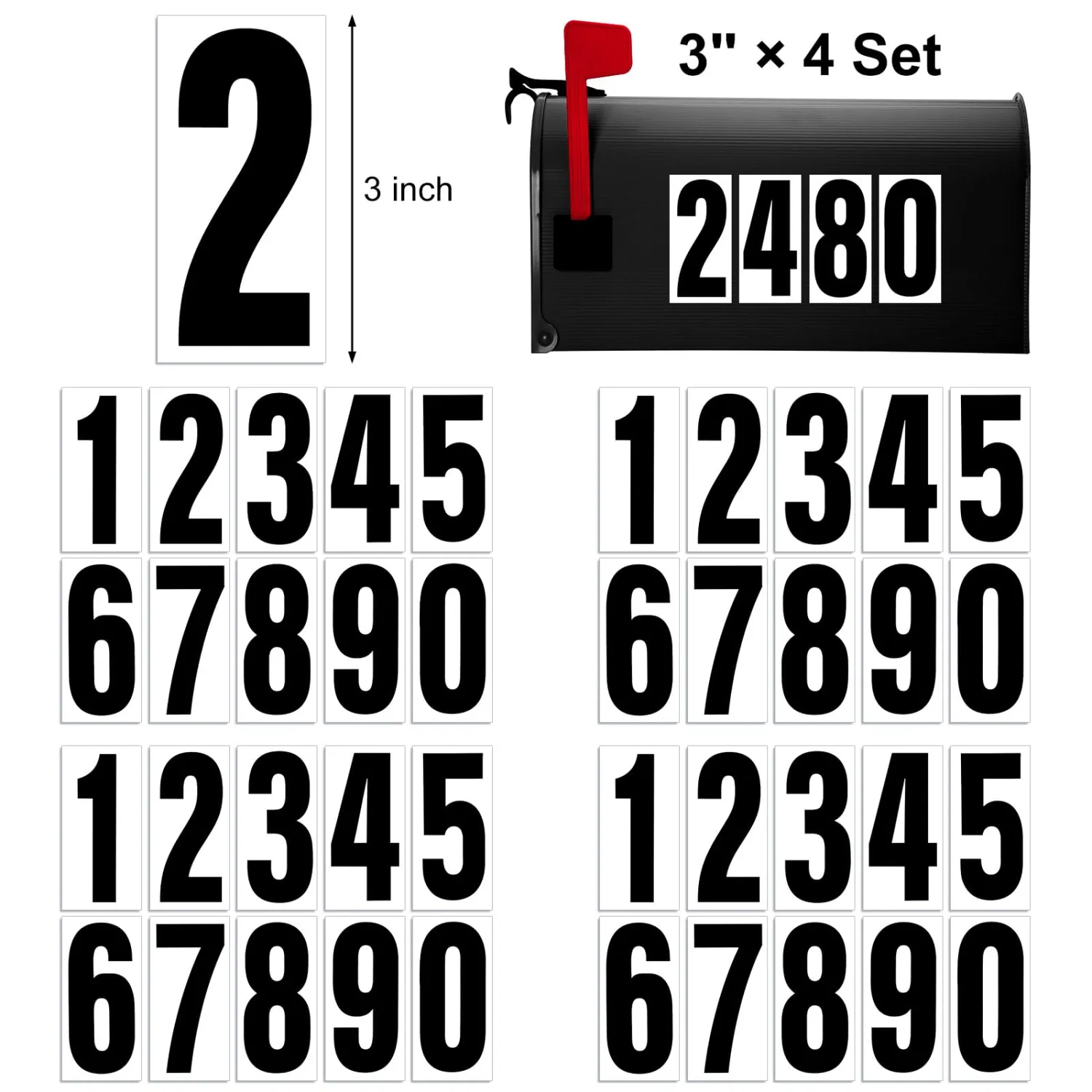 Reflective Number Stickers, 4 Sets 3 Inch Vinyl Waterproof Black Mailbox Numbers for Outside, Strong Self-Adhesive House Numbers Decals for Mailbox Door Signs Trucks