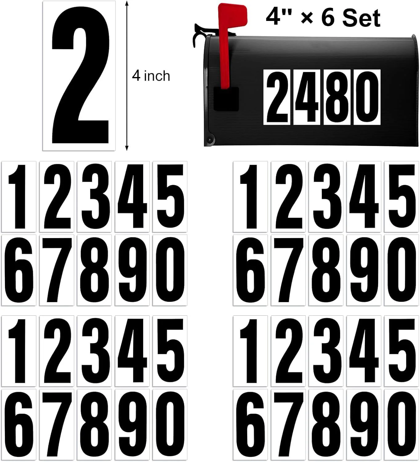 Reflective Number Stickers, 6 Sets 4 Inch Vinyl Waterproof Black Mailbox Numbers for Outside, Strong Self-Adhesive House Numbers Decals for Mailbox Door Signs Trucks