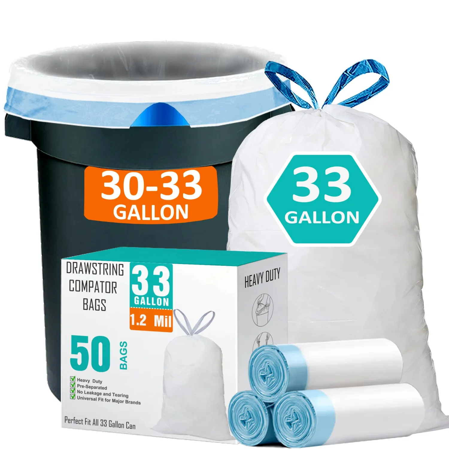 33 Gallon Drawstring Trash Bags 50 CT Compatible with Brute 32 Gallon Can | 1.2 Mil THICK Heavy Duty for 30 32 33 Gallon Round Trash Can Tear & Leak Resistant