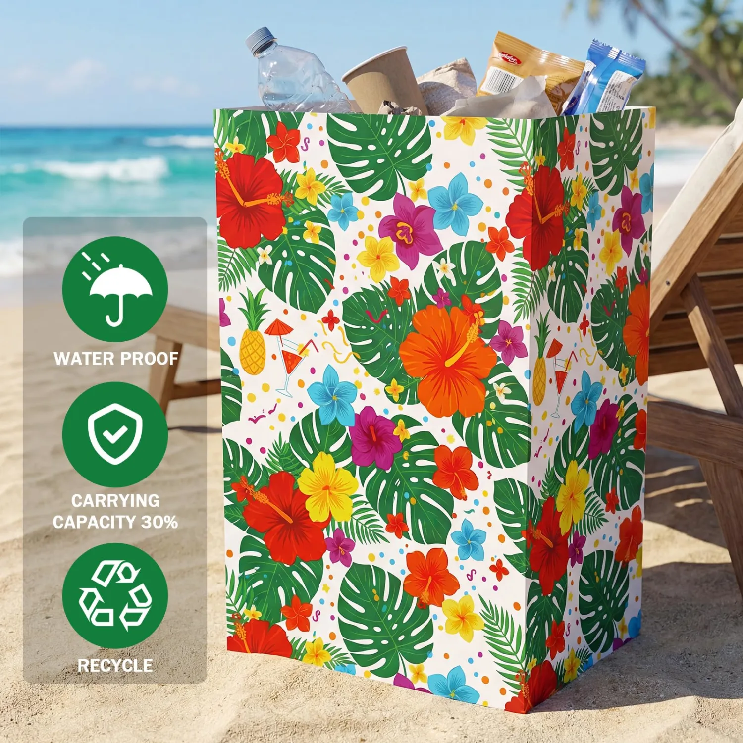Tinlade 6 Pack Disposable Trash Cans for Parties Hawaiian Tropical Pop up Trash Can for Luau Pool Beach Outdoor 13 Gallon Thickened Waterproof Foldable Garbage Bins with Palm Leaves Hibiscus Flower