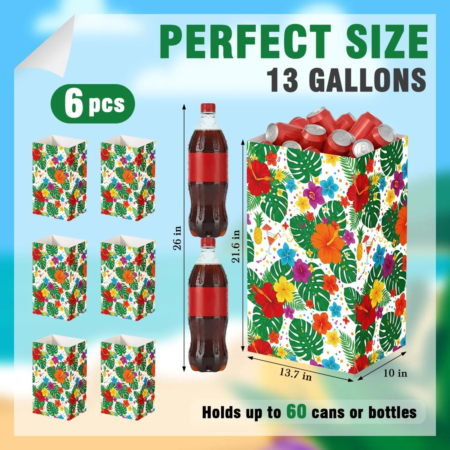 Tinlade 6 Pack Disposable Trash Cans for Parties Hawaiian Tropical Pop up Trash Can for Luau Pool Beach Outdoor 13 Gallon Thickened Waterproof Foldable Garbage Bins with Palm Leaves Hibiscus Flower