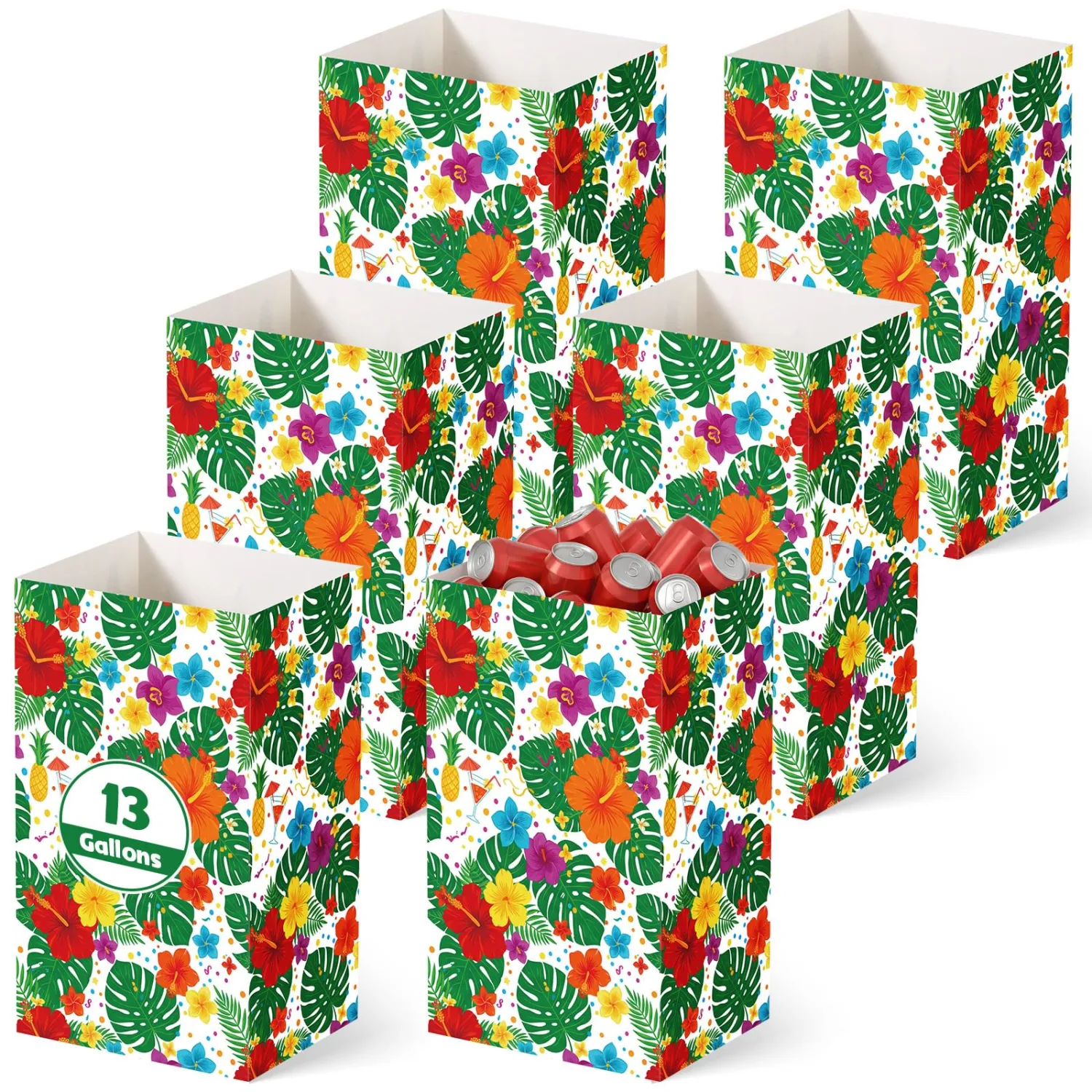 Tinlade 6 Pack Disposable Trash Cans for Parties Hawaiian Tropical Pop up Trash Can for Luau Pool Beach Outdoor 13 Gallon Thickened Waterproof Foldable Garbage Bins with Palm Leaves Hibiscus Flower