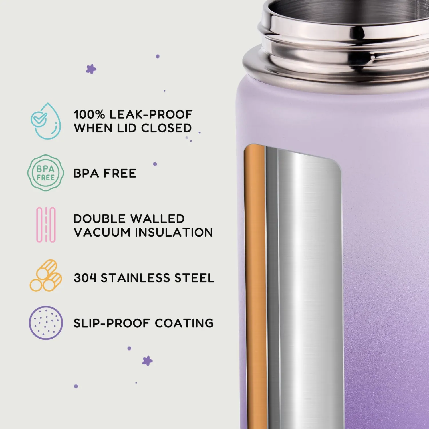 Fijinhom 12oz Kids Water Bottle for School, Toddler Bottles with Straws, Stainless Steel Vacuum Insulated Water Bottle for Boys&Girls, Leak-Proof, BPA-Free, Lavender