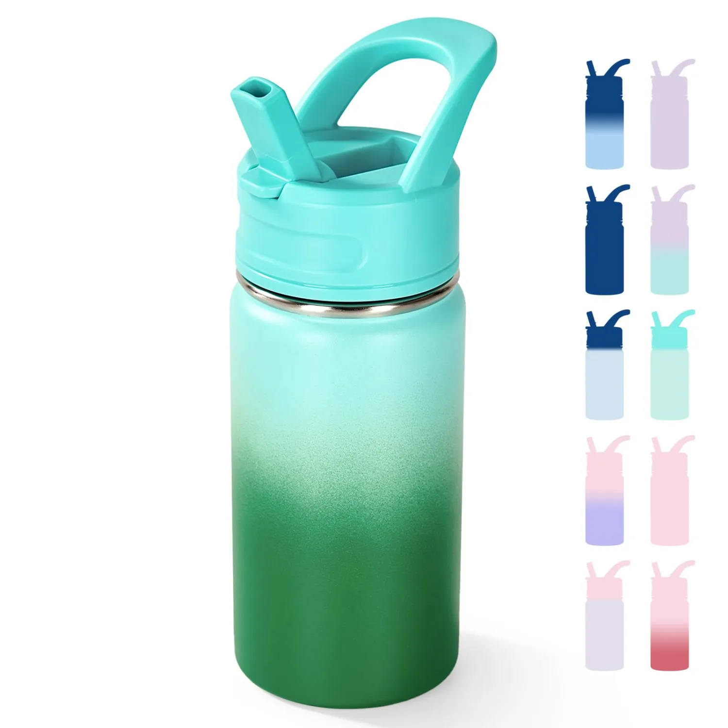 12oz Kids Water Bottle for School, Toddler Water Bottles with Straws, Insulated Water Bottles for Boys&Girls, Stainless Steel Vacuum Insulated Bottle for Kids, Leak-Proof, BPA-Free, Green Gradient