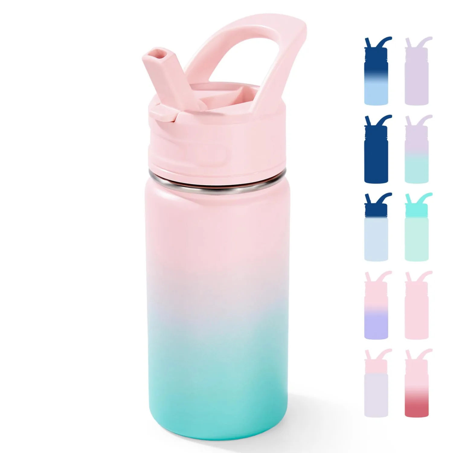 Fijinhom 12oz Kids Water Bottle for School, Toddler Bottles with Straws, Stainless Steel Vacuum Insulated Water Bottle for Boys&Girls, Leak-Proof, BPA-Free, Bubble Gum