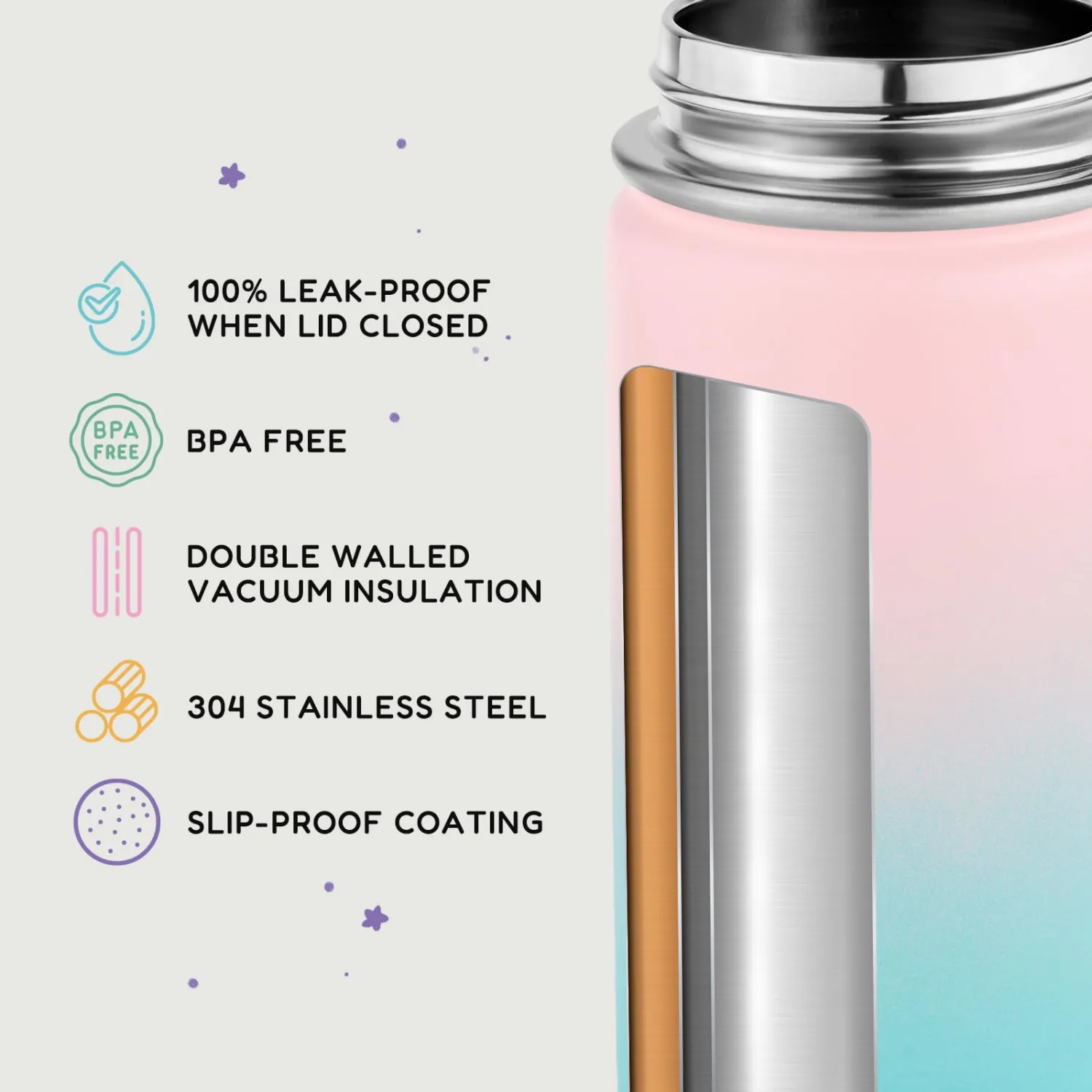 Fijinhom 12oz Water Bottle for School, Water Bottles with Straws, Insulated Water Bottles, Stainless Steel Vacuum Insulated Bottle, Leak-Proof, BPA-Free, Aurora + Bubble Gum
