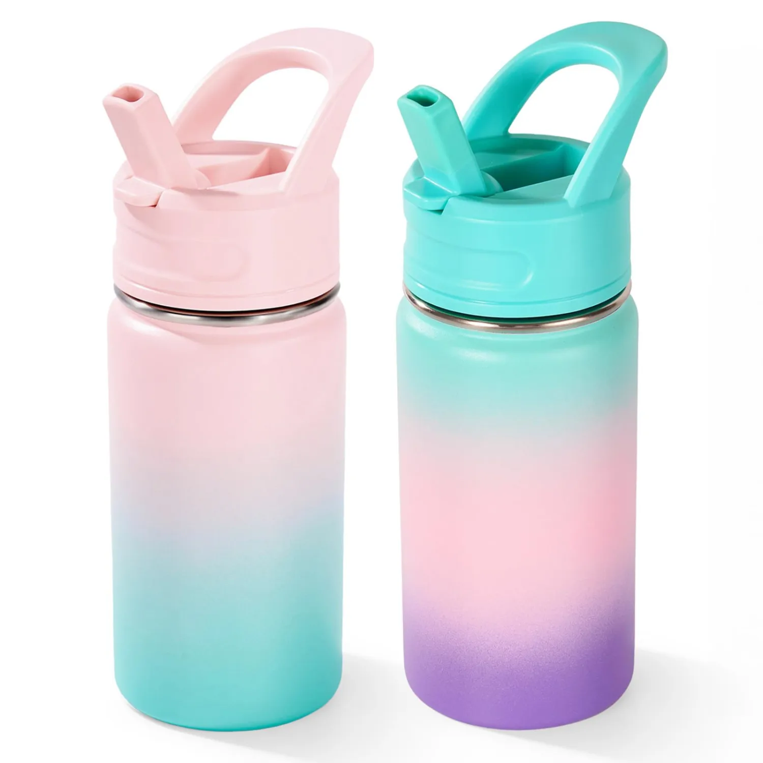 Fijinhom 12oz Water Bottle for School, Water Bottles with Straws, Insulated Water Bottles, Stainless Steel Vacuum Insulated Bottle, Leak-Proof, BPA-Free, Aurora + Bubble Gum
