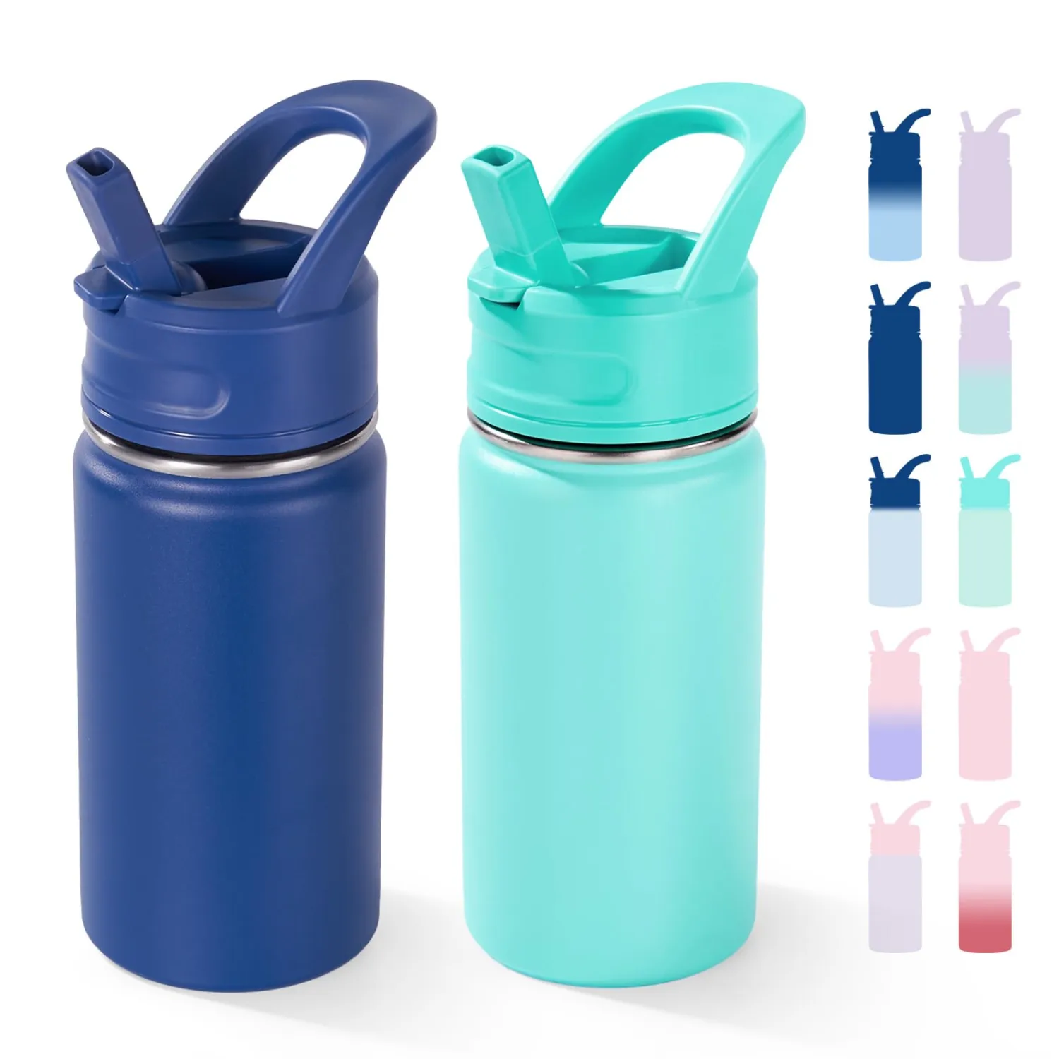Fijinhom 12oz Kids Water Bottle for School, Toddler Bottles with Straws, Stainless Steel Vacuum Insulated Water Bottle for Boys&Girls, Leak-Proof, BPA-Free, Blue + Green