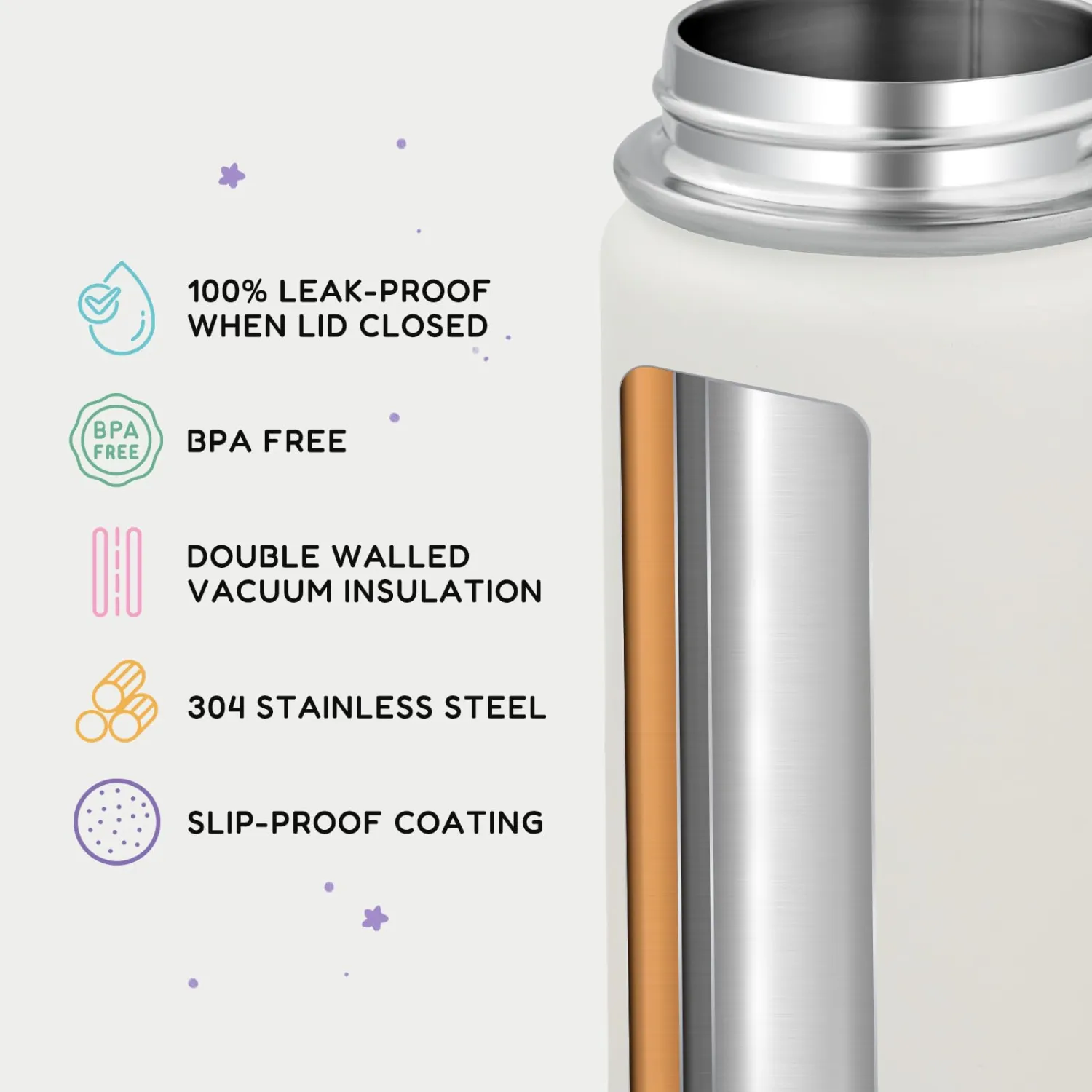 Fijinhom 12oz Water Bottle for School, Bottles with Straws, Stainless Steel Vacuum Insulated Water Bottle, Leak-Proof, BPA-Free, Gentle Purple + Luck