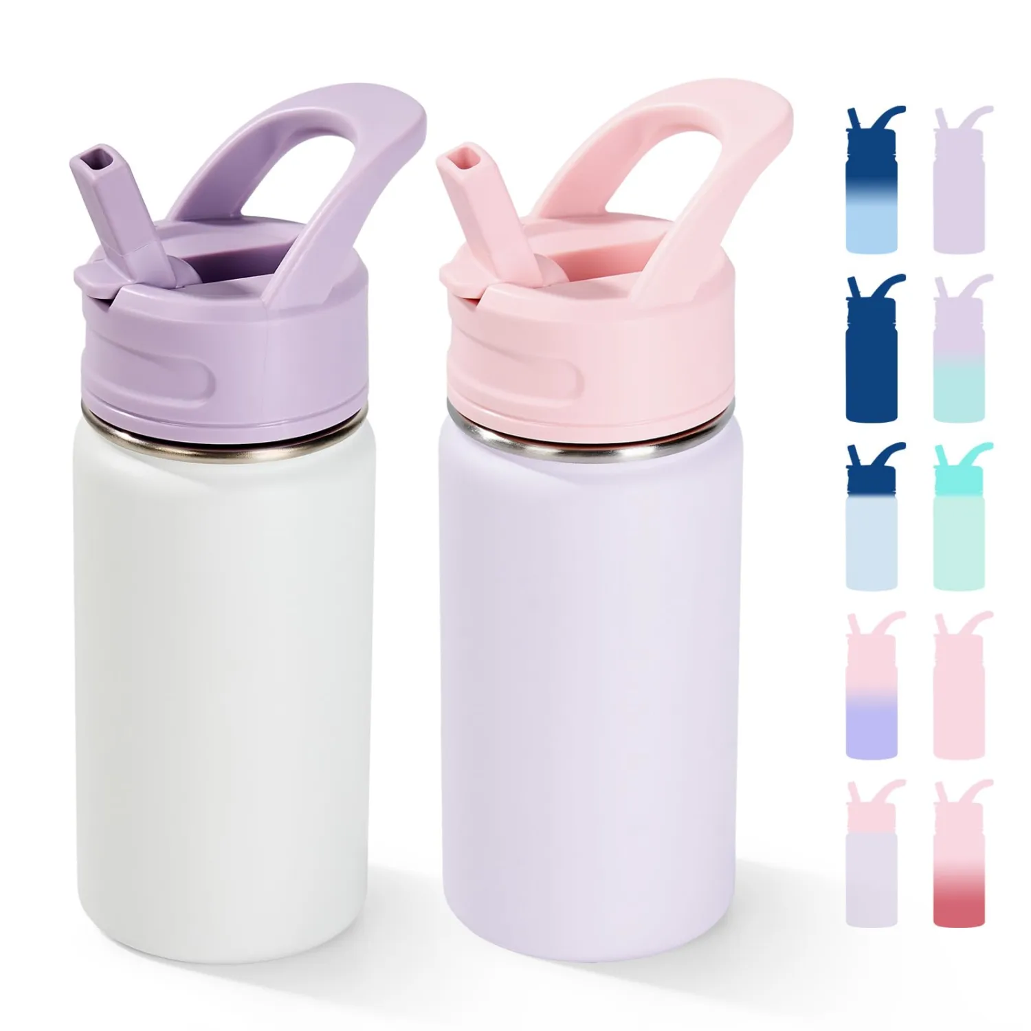 Fijinhom 12oz Water Bottle for School, Bottles with Straws, Stainless Steel Vacuum Insulated Water Bottle, Leak-Proof, BPA-Free, Gentle Purple + Luck