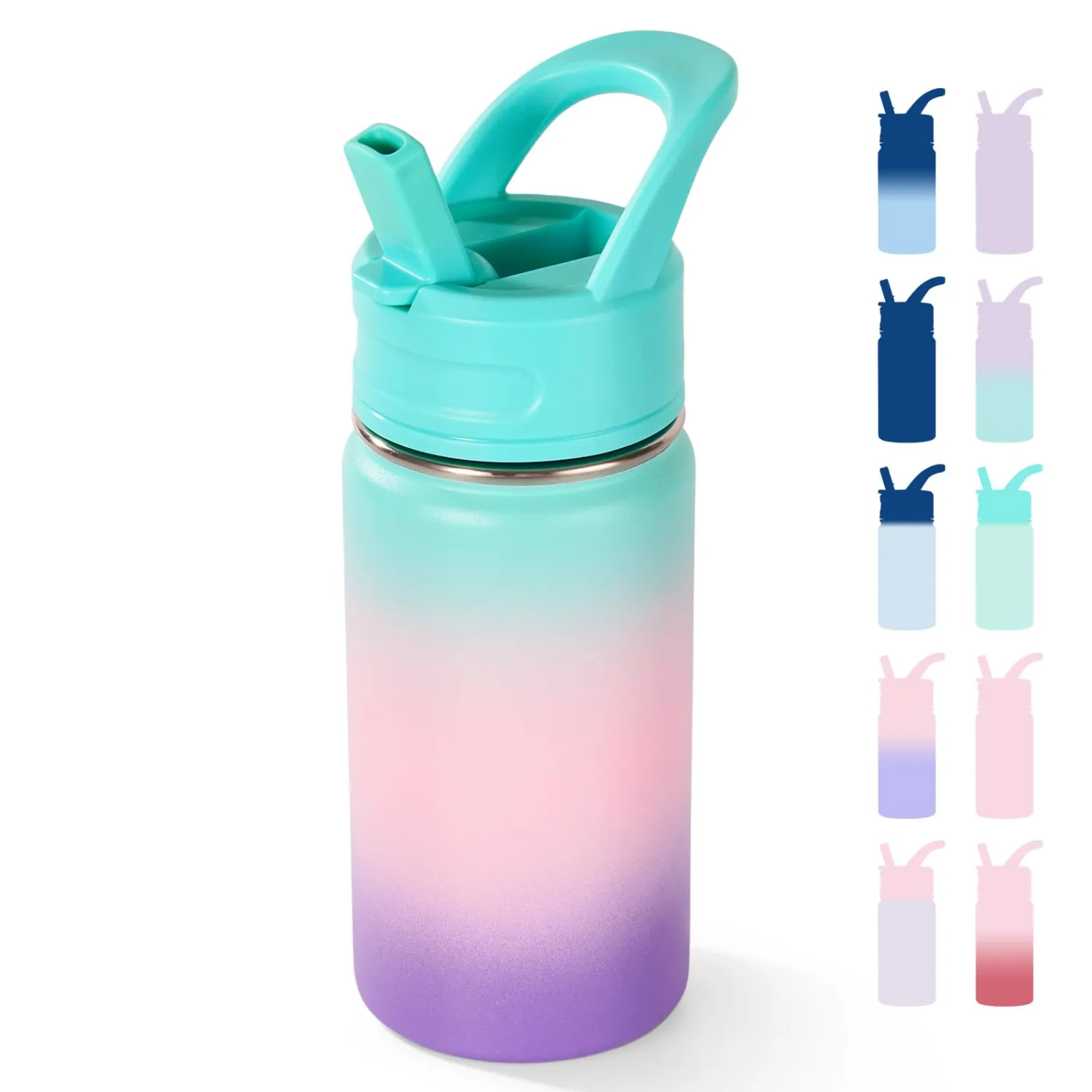 Fijinhom 12oz Kids Water Bottle for School, Toddler Water Bottles with Straws, Insulated Water Bottles for Boys&Girls, Stainless Steel Vacuum Insulated Bottle for Kids, Leak-Proof, BPA-Free, aurora