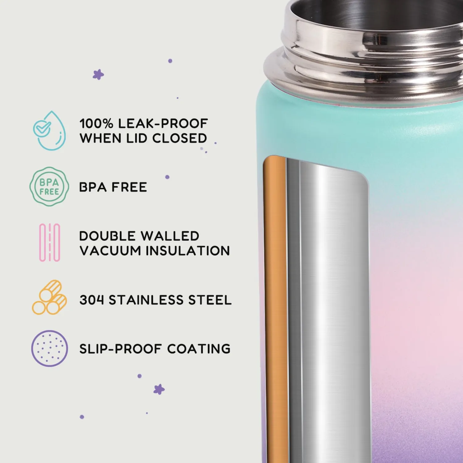 Fijinhom 12oz Kids Water Bottle for School, Toddler Water Bottles with Straws, Insulated Water Bottles for Boys&Girls, Stainless Steel Vacuum Insulated Bottle for Kids, Leak-Proof, BPA-Free, aurora