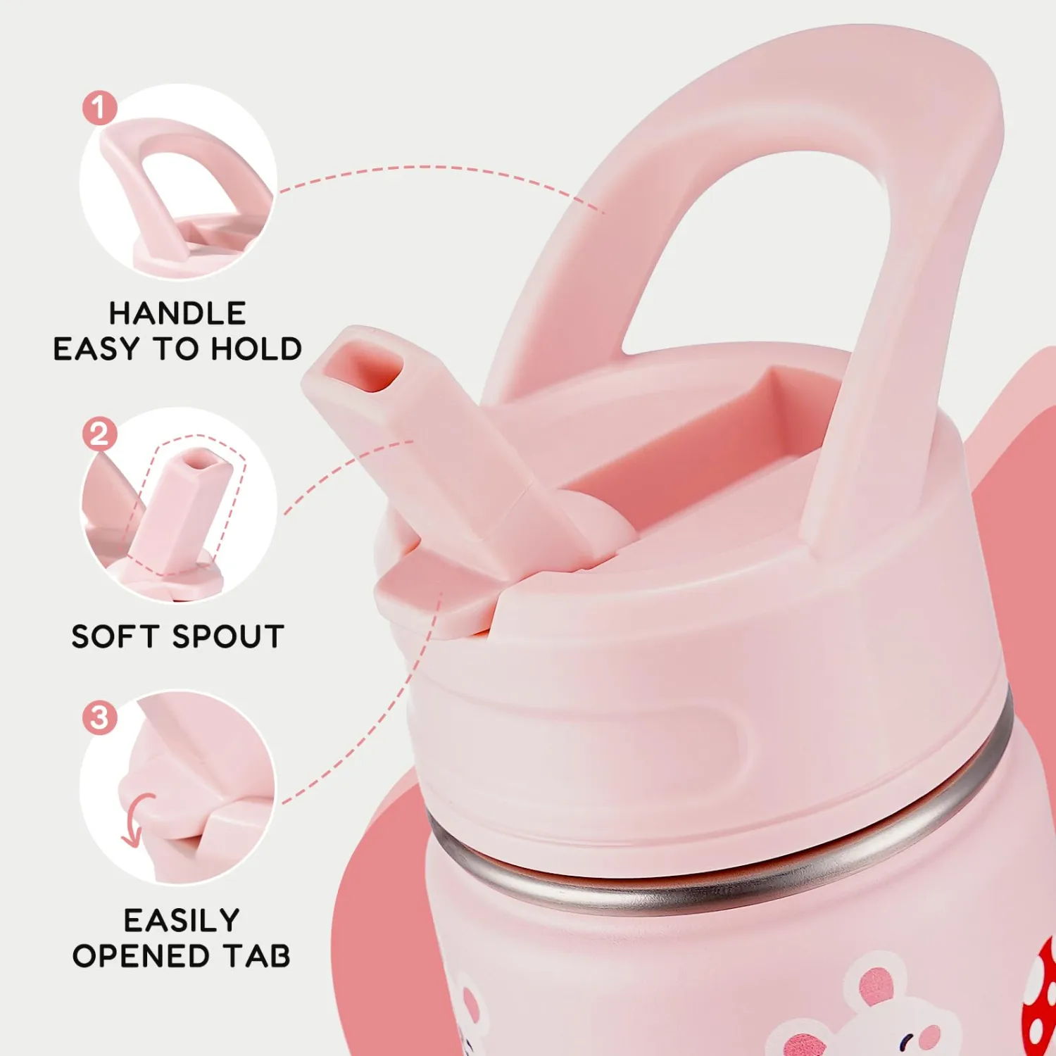 Fijinhom 12oz Water Bottle for School, Bottles with Straws, Stainless Steel Vacuum Insulated Water Bottle, Leak-Proof, BPA-Free, Pink Rabbit
