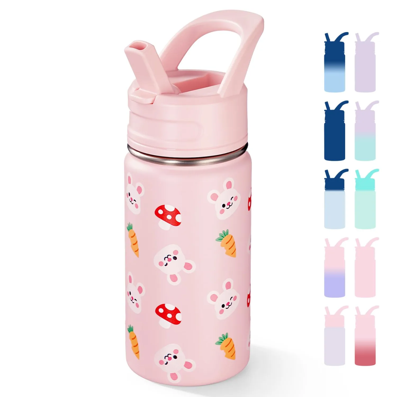 Fijinhom 12oz Water Bottle for School, Bottles with Straws, Stainless Steel Vacuum Insulated Water Bottle, Leak-Proof, BPA-Free, Pink Rabbit