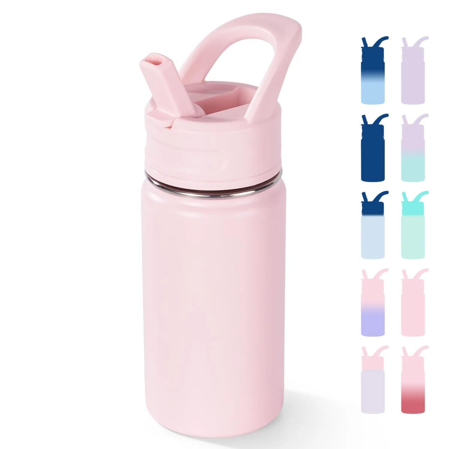 Fijinhom 12oz Kids Water Bottle for School, Toddler Bottles with Straws, Stainless Steel Vacuum Insulated Water Bottle for Boys&Girls, Leak-Proof, BPA-Free, Pink