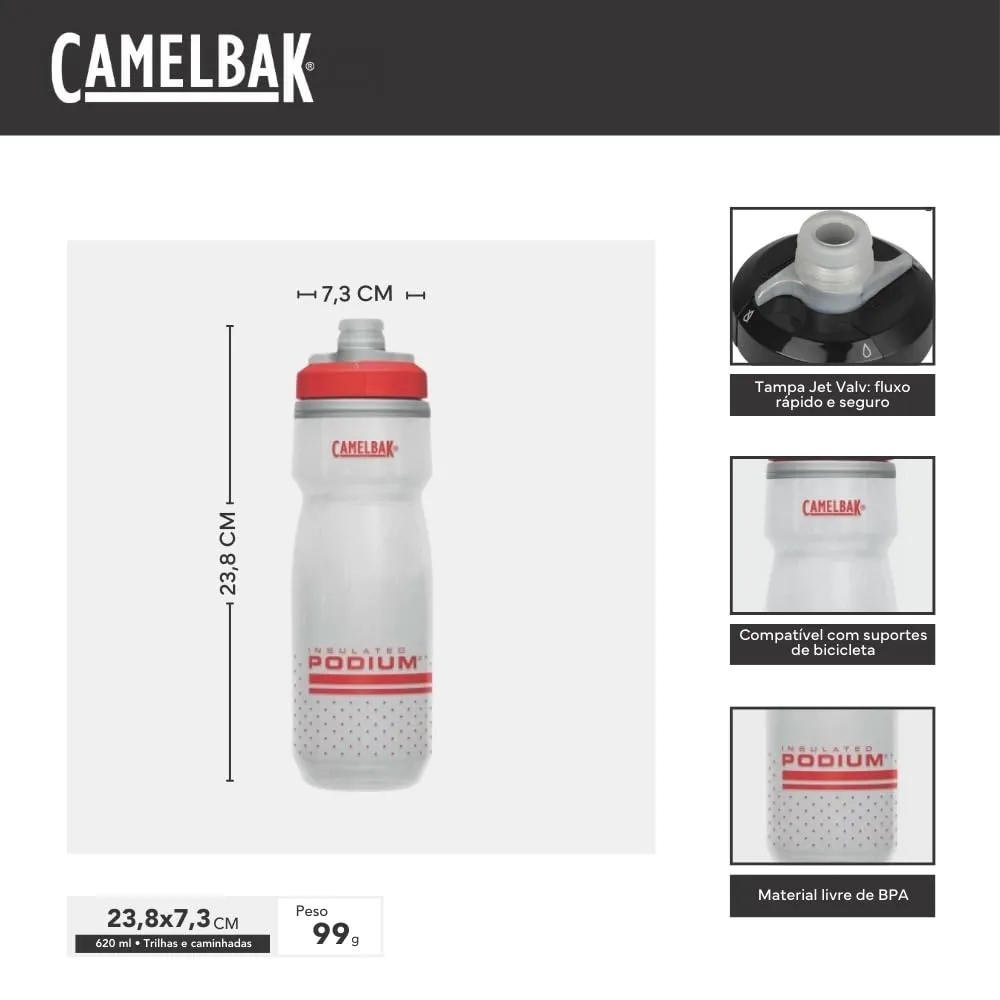 CamelBak Podium Chill Insulated Bike Squeeze Water Bottle, Cold Retention for Cycling, 21oz, Fiery Red/White