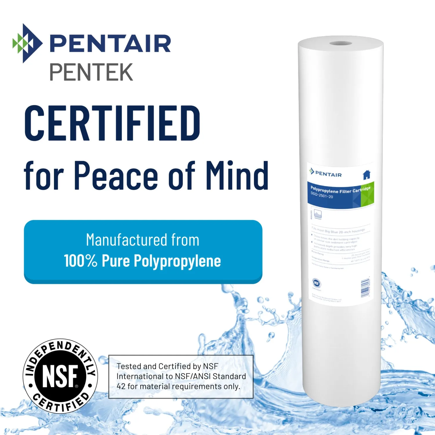 Pentair Pentek DGD-5005-20 Big Blue Water Filter, 20-Inch Whole House Sediment Filter Cartridge Replacement, Dual-Gradient Density Spun Polypropylene, 20" x 4.5", 5 Micron, Pack of 1, White