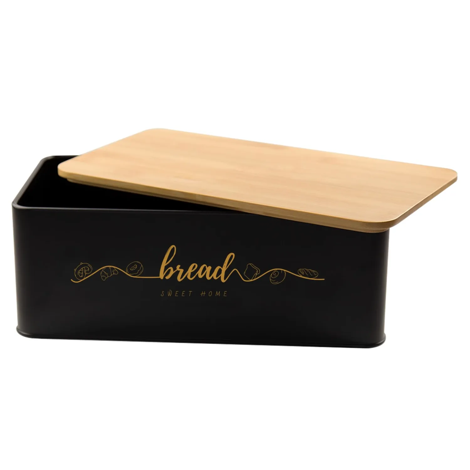 Bread Box with Bamboo Cutting Board Lid, Metal Bread Box for Kitchen Counter, Small Bread Storage Container, Black Bread bin for Kitchen Countertop