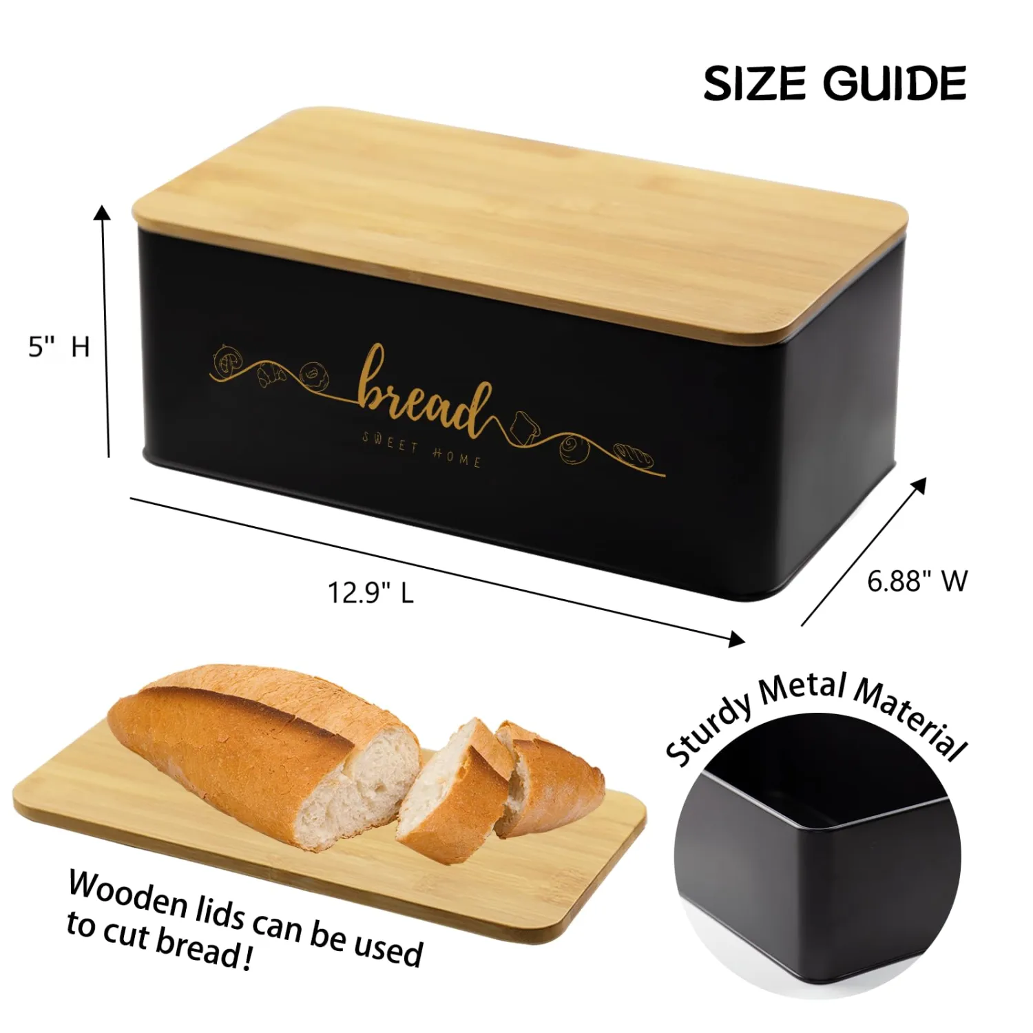 Bread Box with Bamboo Cutting Board Lid, Metal Bread Box for Kitchen Counter, Small Bread Storage Container, Black Bread bin for Kitchen Countertop