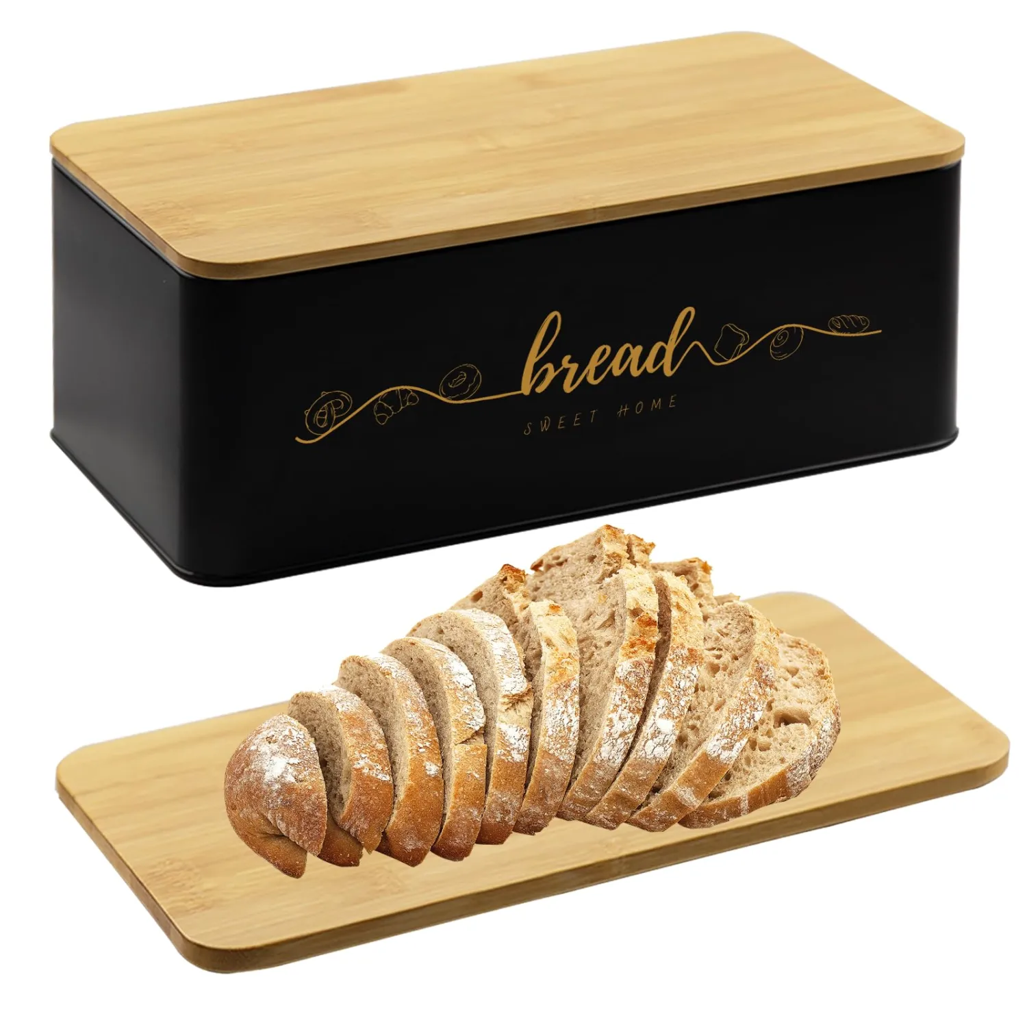 Bread Box with Bamboo Cutting Board Lid, Metal Bread Box for Kitchen Counter, Small Bread Storage Container, Black Bread bin for Kitchen Countertop