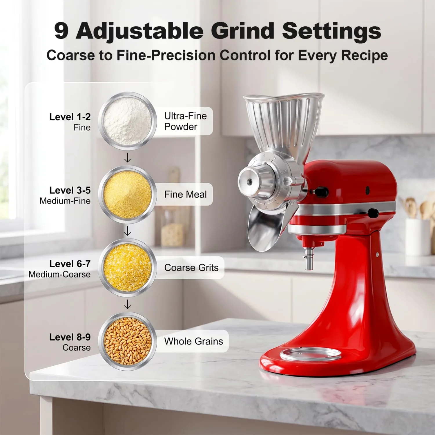 Grain Mill Attachment for KitchenAid, Food-Grade All-Metal 9 Levels Flour Mill for KitchenAid Stand Mixer, Fit for Millet, Wheat, Grain Corn, Coffee Beans, Dry Low-Oil Grains