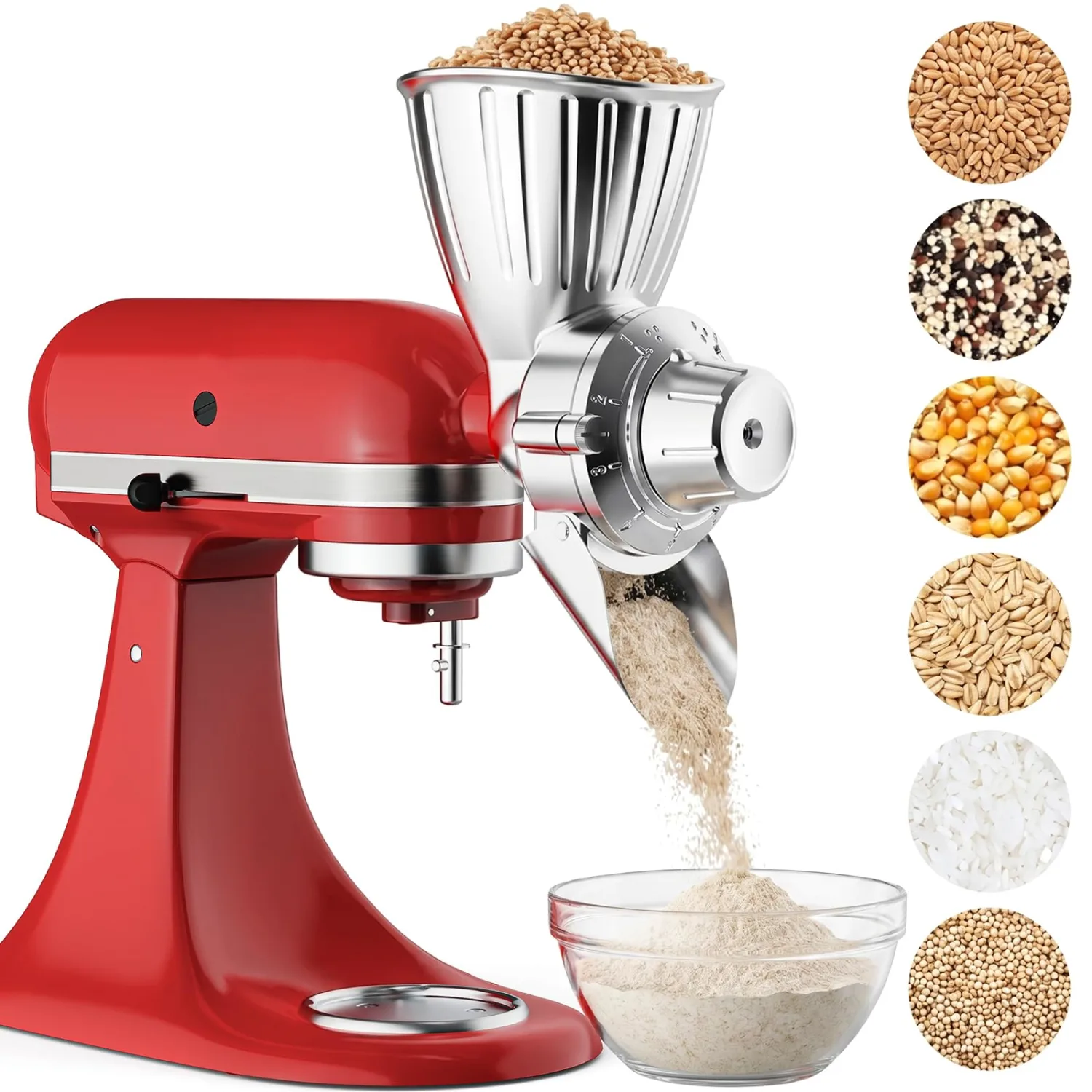 Grain Mill Attachment for KitchenAid, Food-Grade All-Metal 9 Levels Flour Mill for KitchenAid Stand Mixer, Fit for Millet, Wheat, Grain Corn, Coffee Beans, Dry Low-Oil Grains
