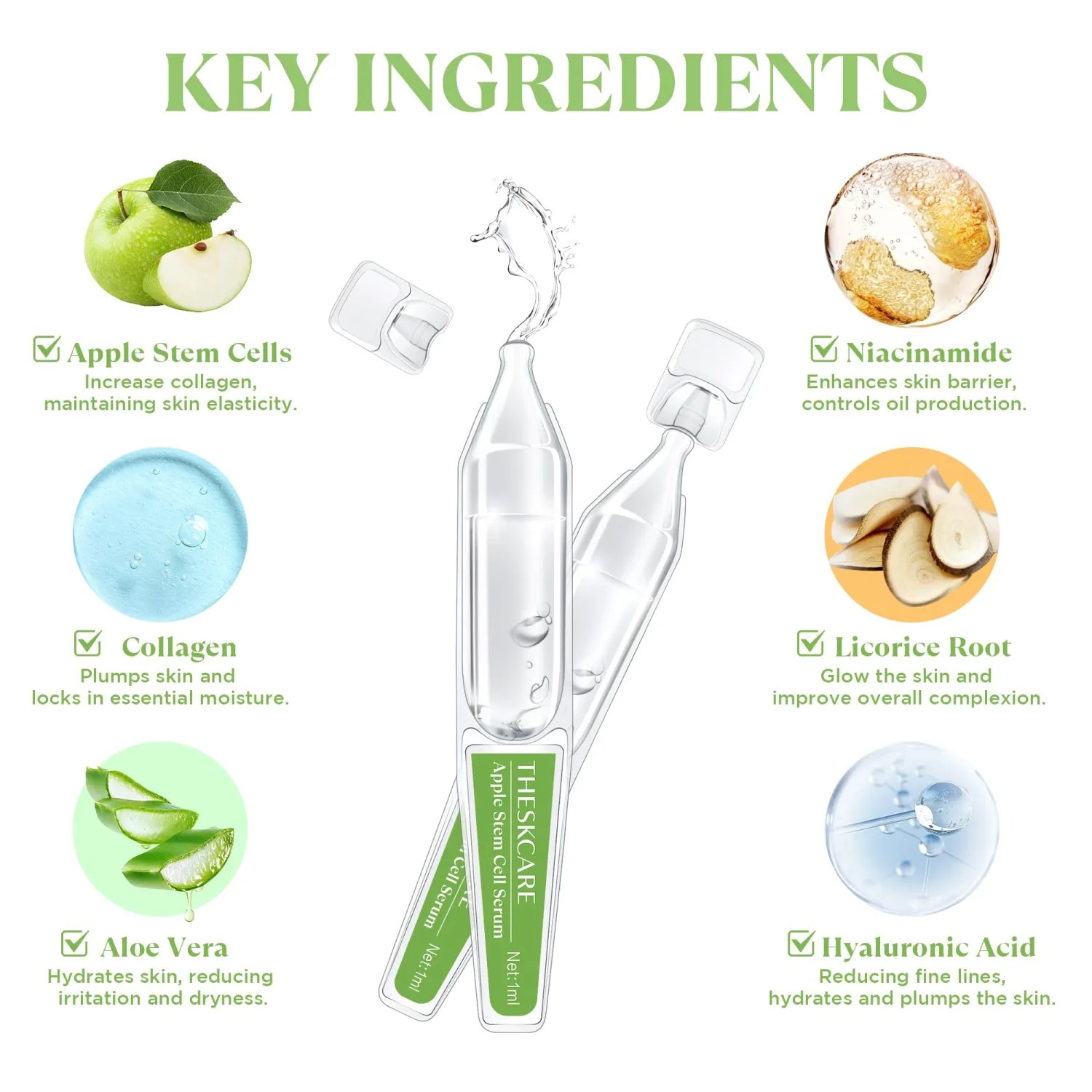 THESKCARE Anti Aging Apple Stem Cell Serum Ampoule for Face with Collagen,Hyaluronic Acid & Niacinamide,Rejuvenating Facial Serum for Fine Lines & Wrinkles,Plumping& Hydrating,30 Ampoules