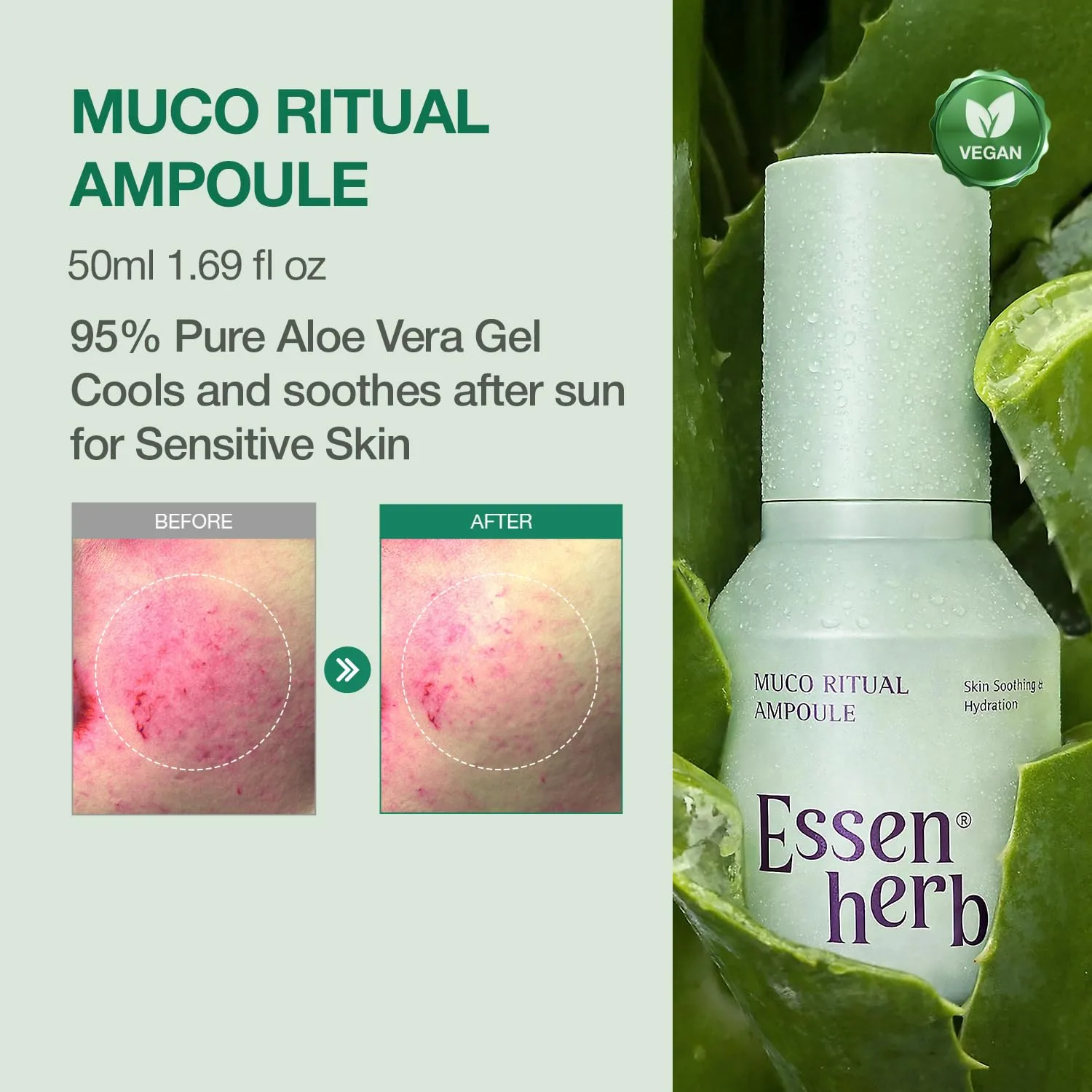 Muco Ritual Ampoule – 95% Pure Aloe Vera Gel | Cooling, Soothing & Deep Hydration Serum for Sensitive Skin | Calm Visible Redness | Korean Skincare (1.69 fl oz / 50ml)