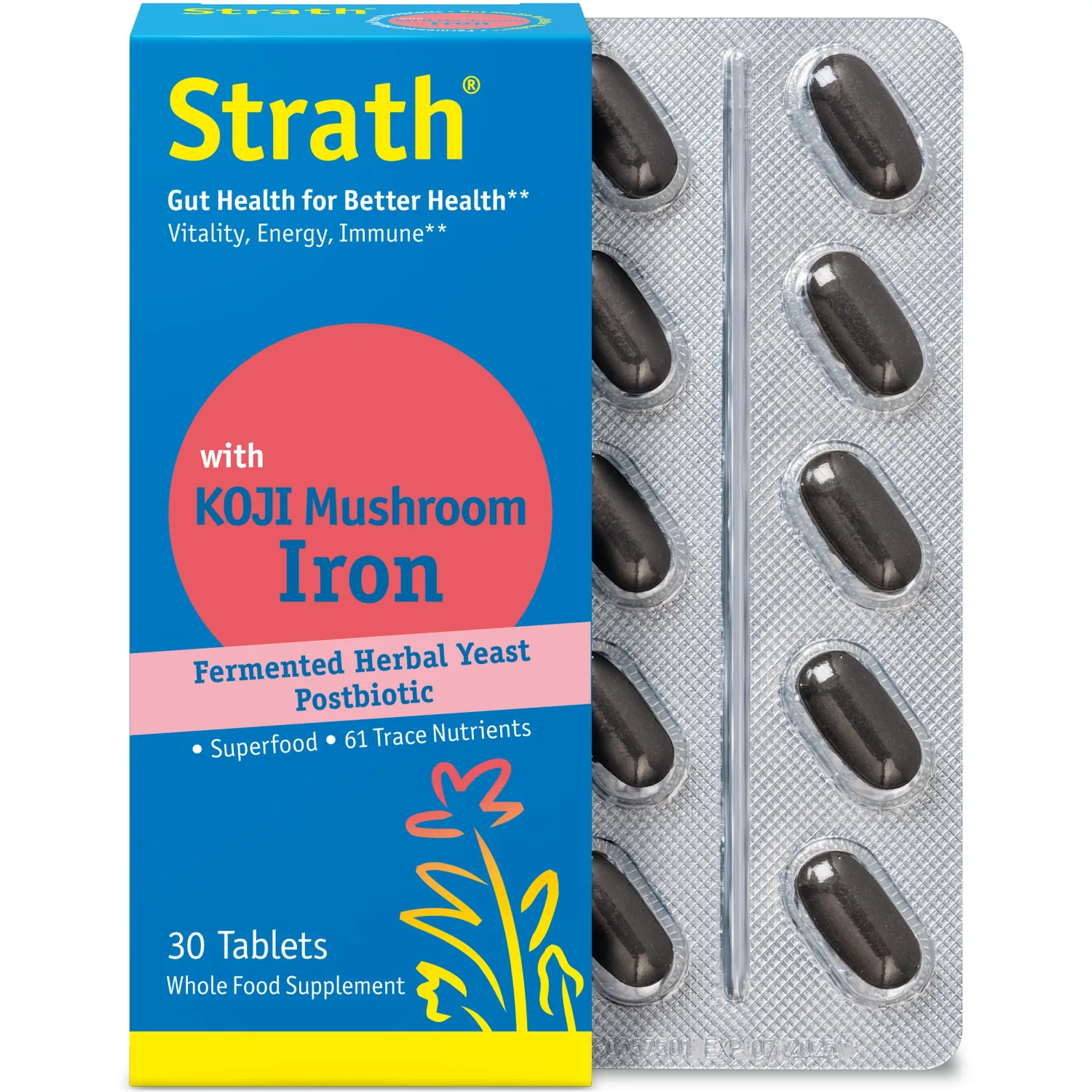 Strath with Koji Mushroom & Iron | Fermented Herbal Yeast Postbiotic | 30 Tablets | Superfood with 61 Nutrients | Non-GMO Gluten Free | Vegan | Kosher | Made in Switzerland