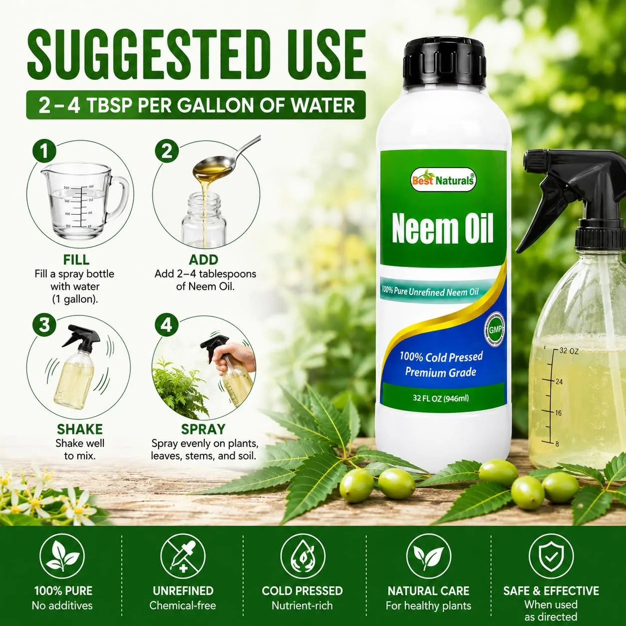Best Naturals 100% Pure Neem Oil, 100% Cold Pressed and Unrefined - 32 OZ | Cold Pressed