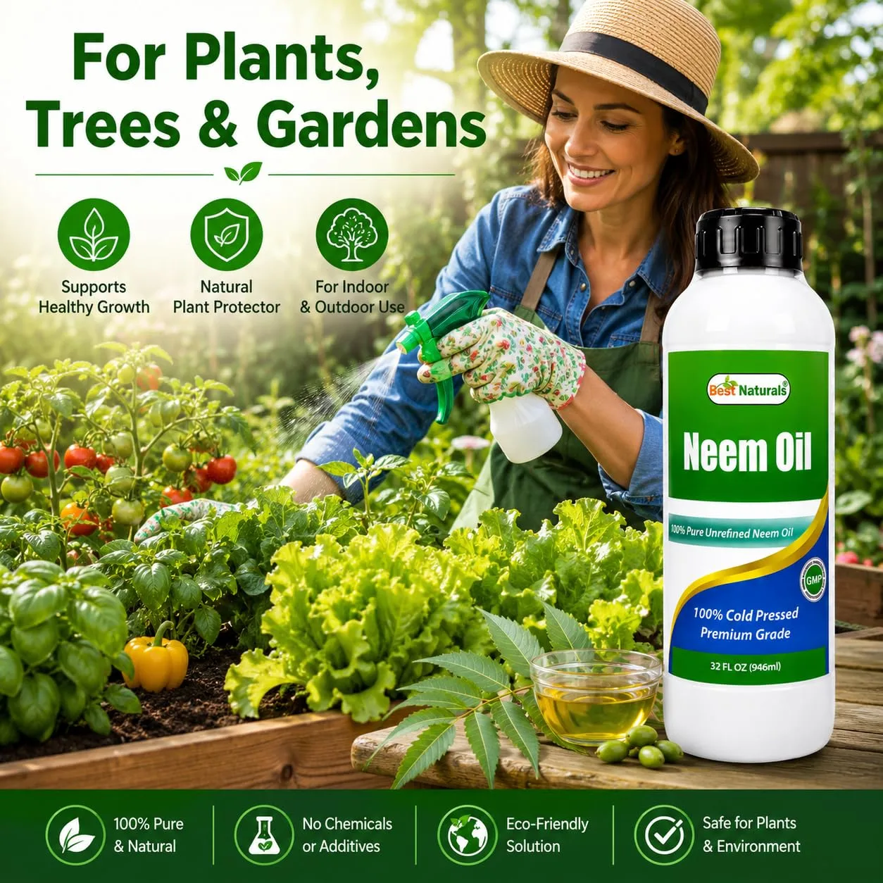 Best Naturals 100% Pure Neem Oil, 100% Cold Pressed and Unrefined - 32 OZ | Cold Pressed