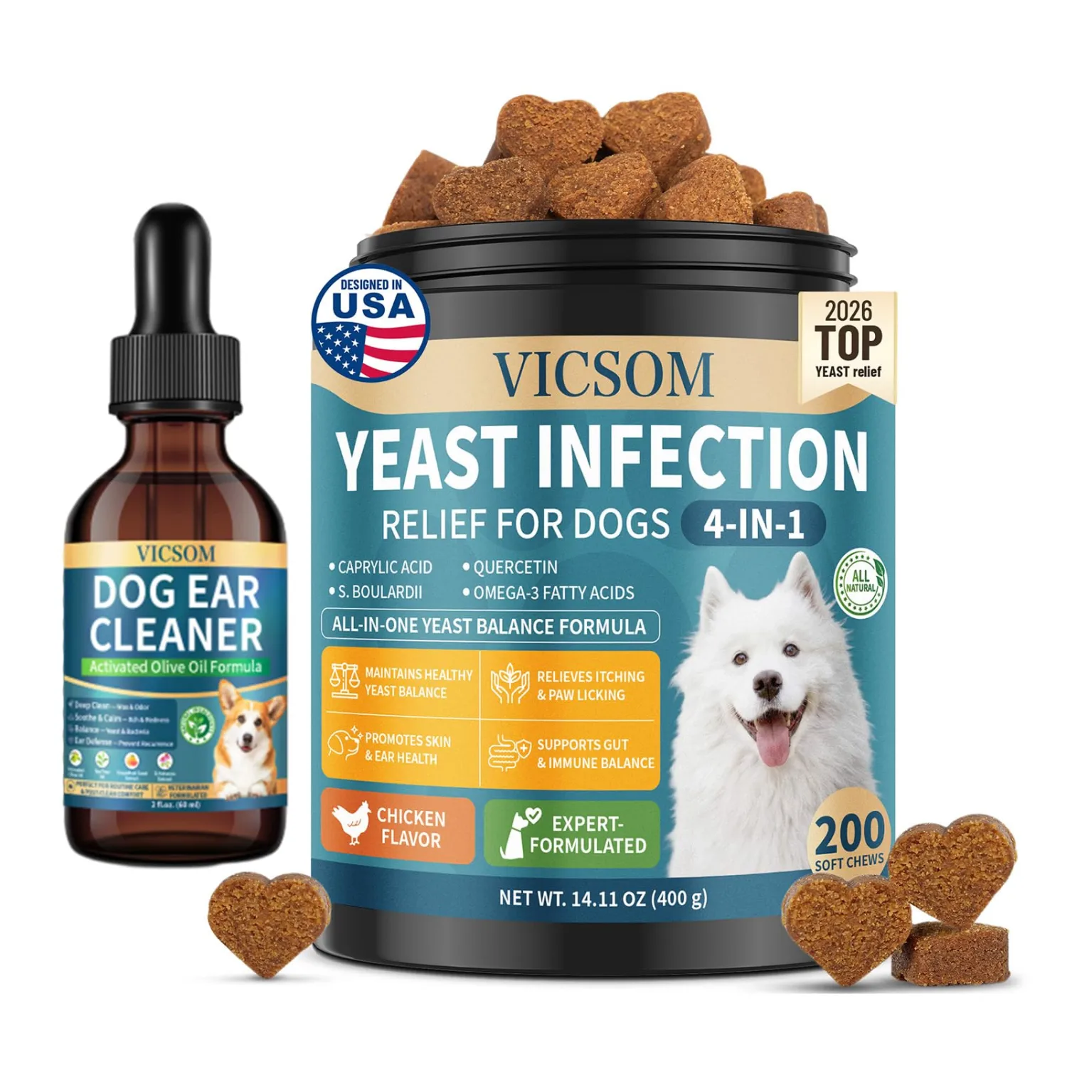 Dog Yeast Infection Treatment Bundle for Dogs, Anti Yeast Soft Chews + Dog Ear Infection Treatment Drops, Ear Cleaner for Dogs with Ozonated Olive Oil, Itchy Skin, Paw Licking, Ear Odor & Wax Support,