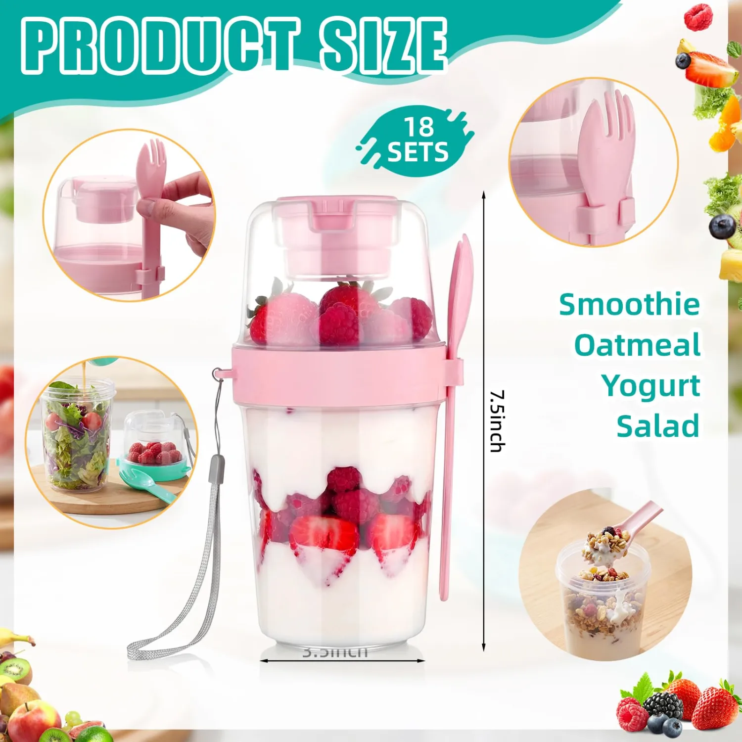 Zhehao 18 Pack 27oz Yogurt Parfait Cups with Lids, Plastic,Green&pink