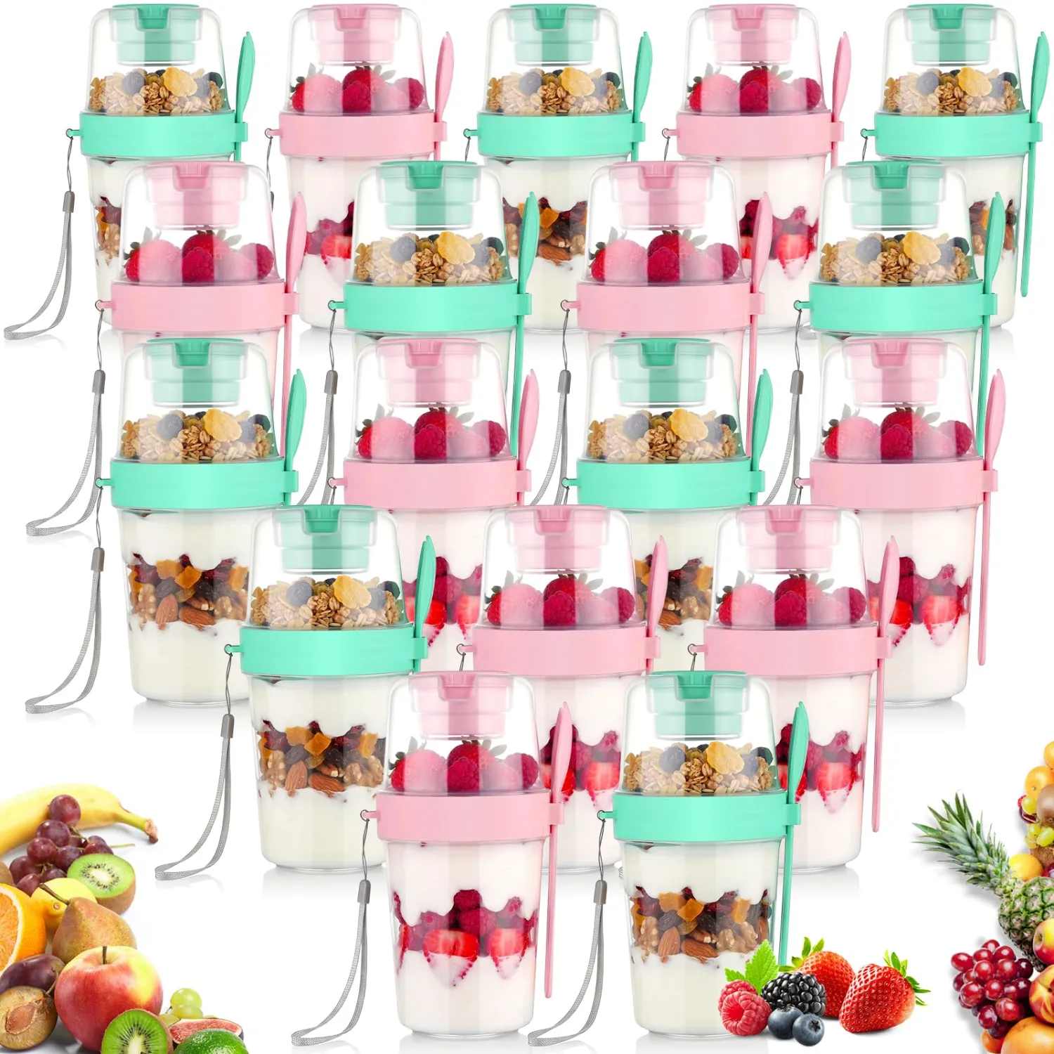 Zhehao 18 Pack 27oz Yogurt Parfait Cups with Lids, Plastic,Green&pink