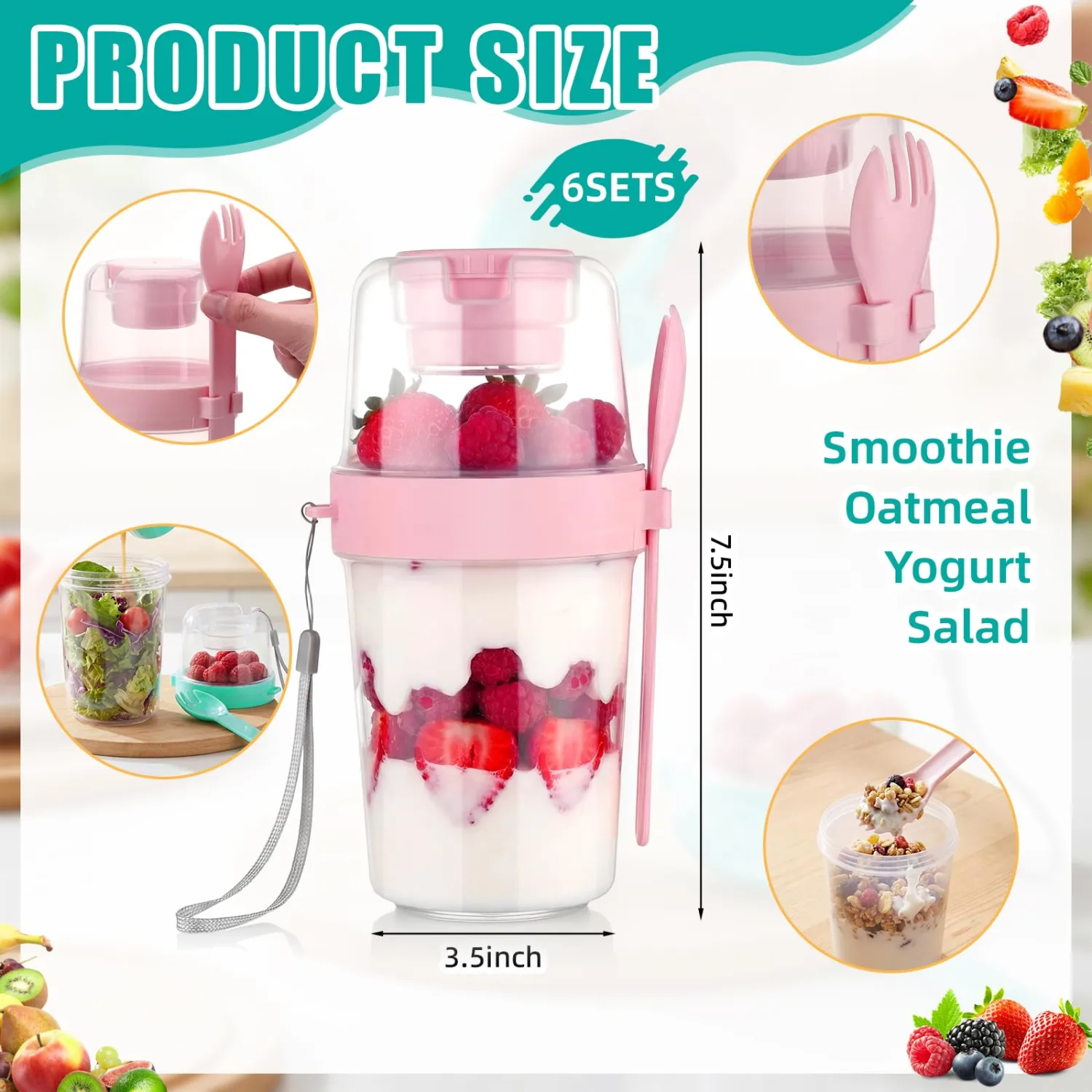 Zhehao 6 Pack 27oz Yogurt Parfait Cups with Lids, Spoons, and Topping Compartment, Reusable Plastic Containers for Breakfast, Yogurt, Overnight Oats, Cereal, Oatmeal, Smoothies, Snacks (Green&pink)