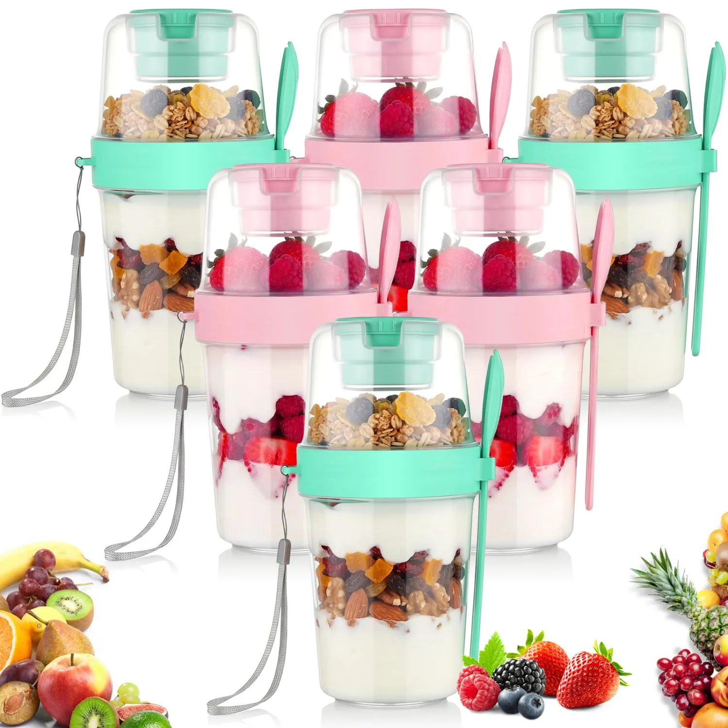 Zhehao 6 Pack 27oz Yogurt Parfait Cups with Lids, Spoons, and Topping Compartment, Reusable Plastic Containers for Breakfast, Yogurt, Overnight Oats, Cereal, Oatmeal, Smoothies, Snacks (Green&pink)