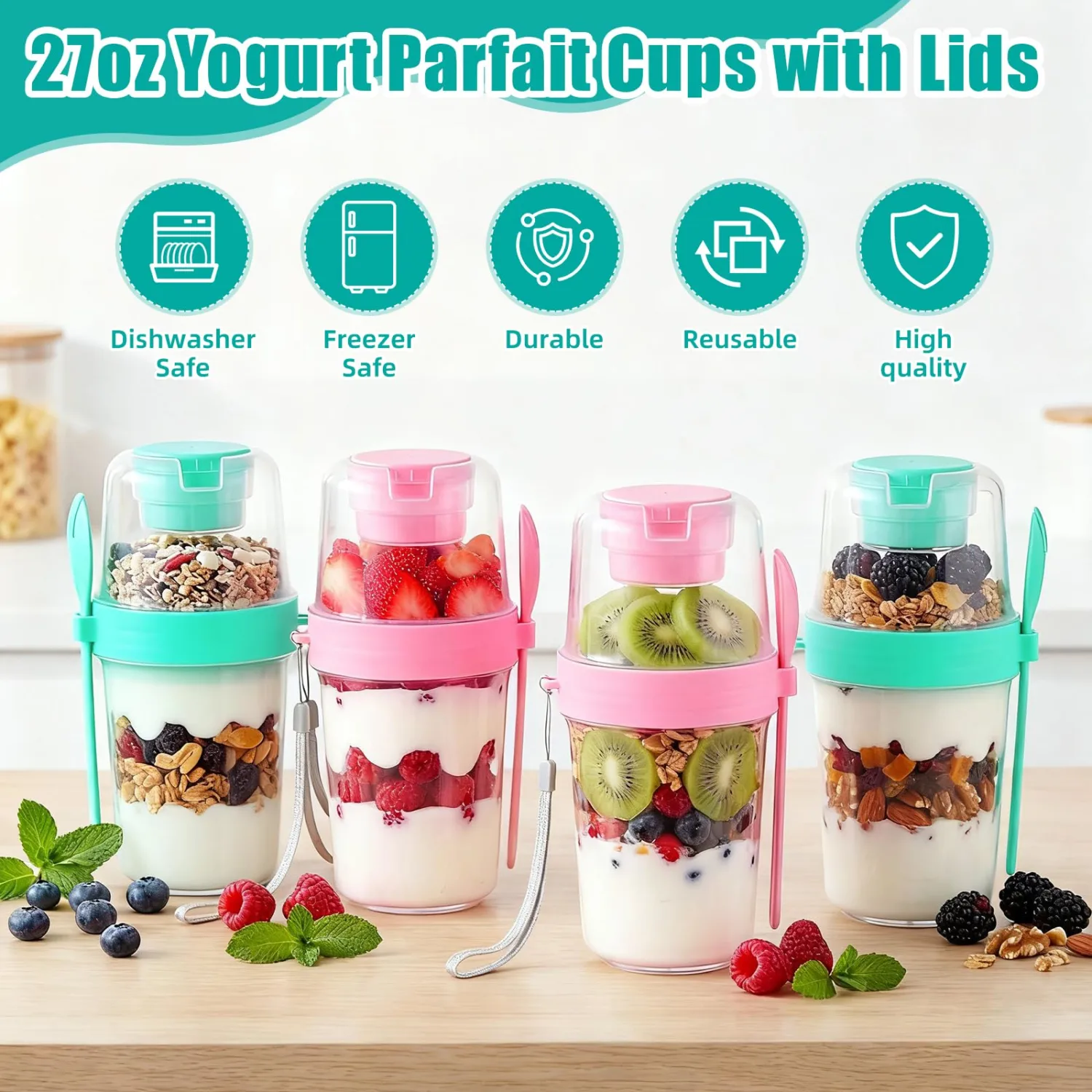 Zhehao 6 Pack 27oz Yogurt Parfait Cups with Lids, Spoons, and Topping Compartment, Reusable Plastic Containers for Breakfast, Yogurt, Overnight Oats, Cereal, Oatmeal, Smoothies, Snacks (Green&pink)