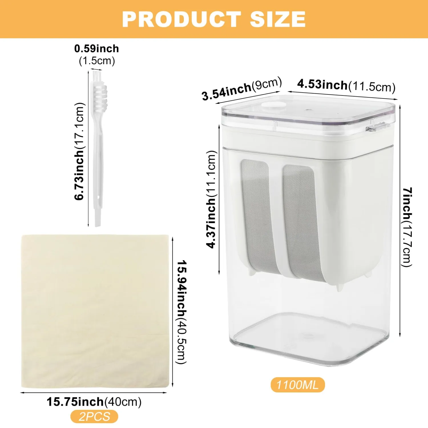 Greek Yogurt Strainer (1.16 Quarts/0.29GAL) Yogurt Maker & 2 Filter Cloths,1 Cleaning Brush,Ultra Fine Nylon Mesh Strainer & Pressure Filtration,for Making Thick Greek-Yogurts