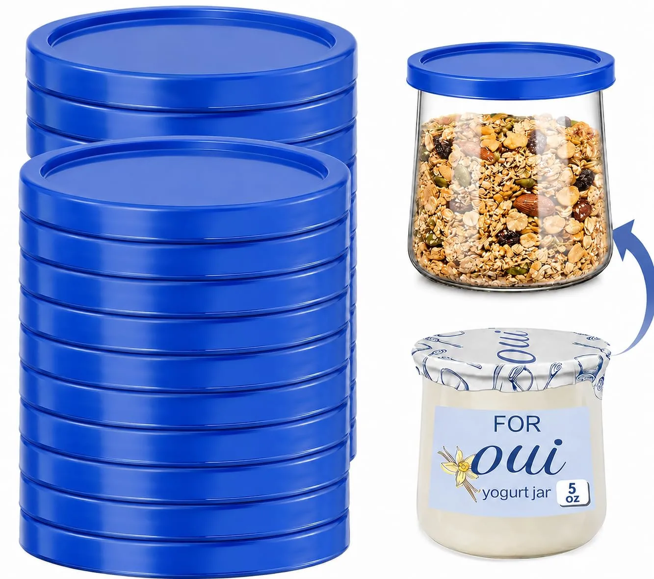 15 Pack Yogurt Jar Lids, BPA-Free Yogurt Container Jar Lids, Reusable Clear Plastic Jar Lids, Ideal for Oui Yogurt Jars, Glass Jars, Replacement Compatible (Blue)