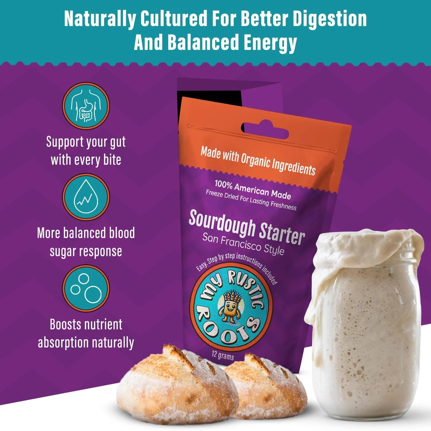 MY RUSTIC ROOTS San Francisco Sourdough Starter Culture – All Natural & Organic Sourdough Bread Starter - Beginner Friendly - Perfect for Baking Delicious Homemade Artisan Bread, Pizza & More - 12g