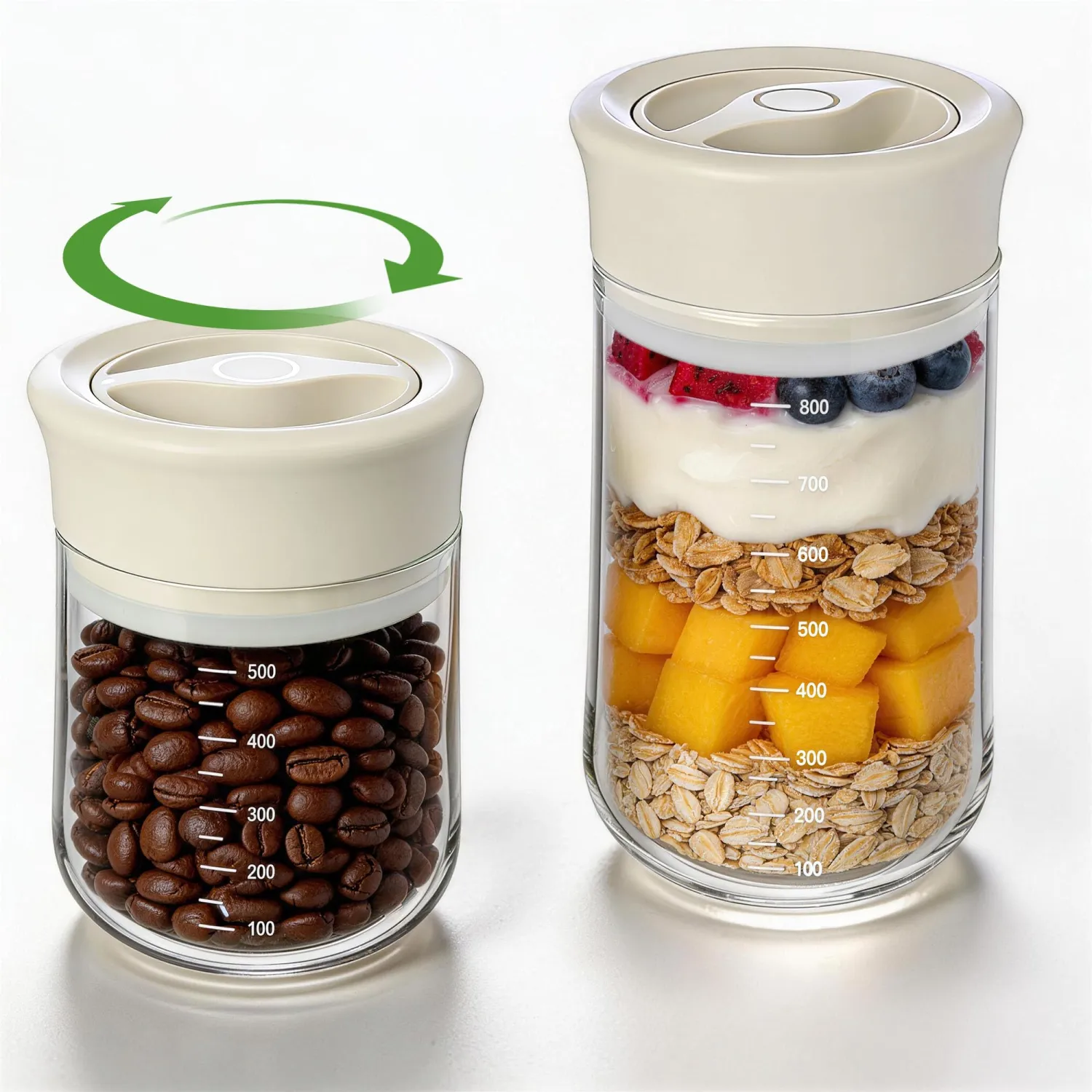 Glass Overnight Oats Containers with Lids - 2 Pack Airtight Food Storage Containers with Twist Lock, Coffee Canister, Leakproof Canning jars Wide Mouth for Chia Pudding & Yogurt, Tea