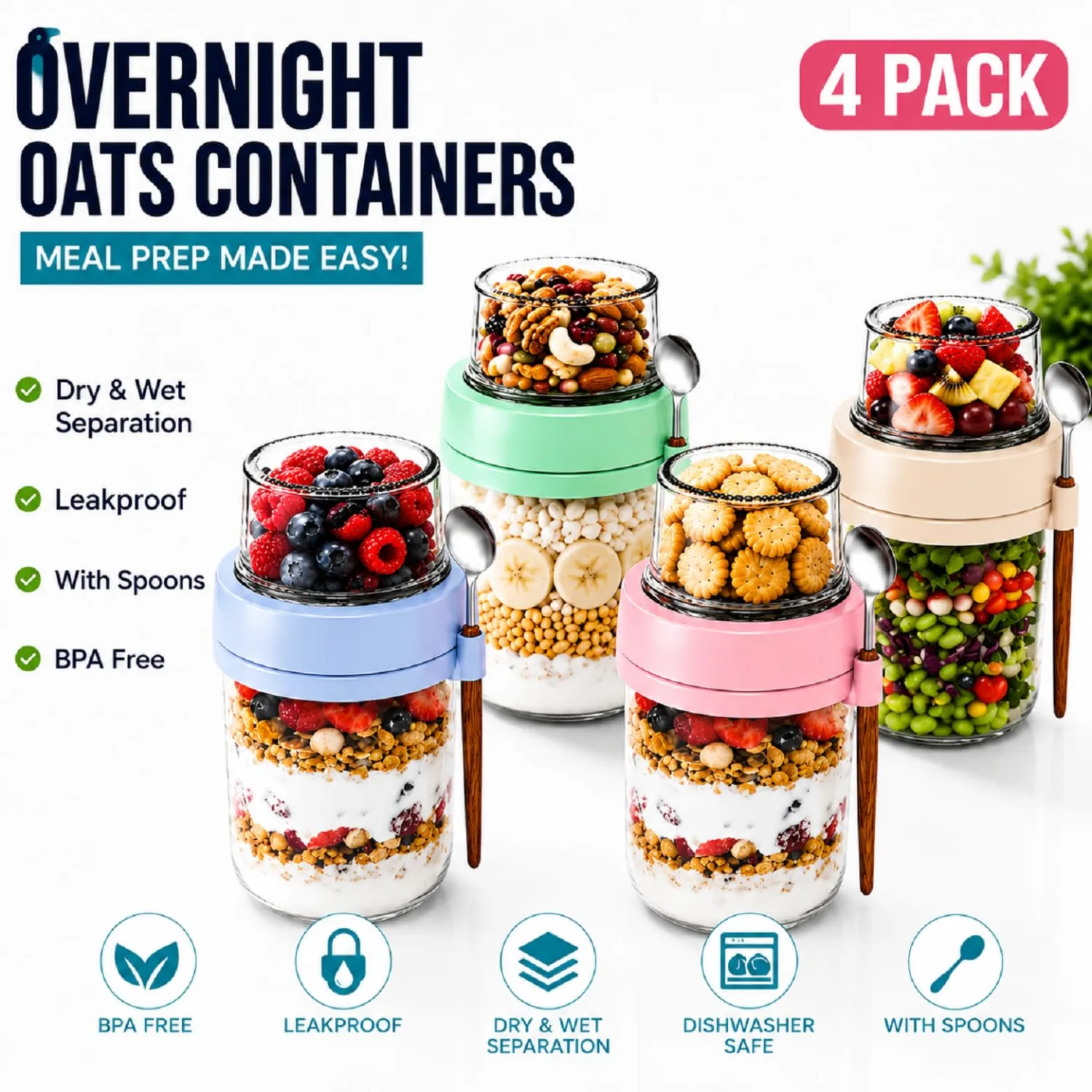 Yogurt Containers with Lids for Granola, 4 Pack Parfait Jars, Food Grade Glass, 20 oz Leakproof Overnight Oats Jars with Compartments for Oatmeal Salad Yogurt, BPA Free