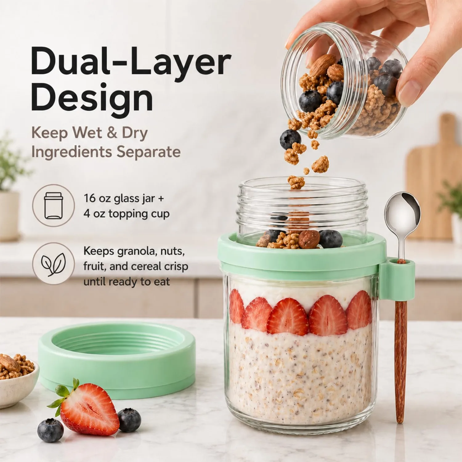 Yogurt Containers with Lids for Granola, 4 Pack Parfait Jars, Food Grade Glass, 20 oz Leakproof Overnight Oats Jars with Compartments for Oatmeal Salad Yogurt, BPA Free
