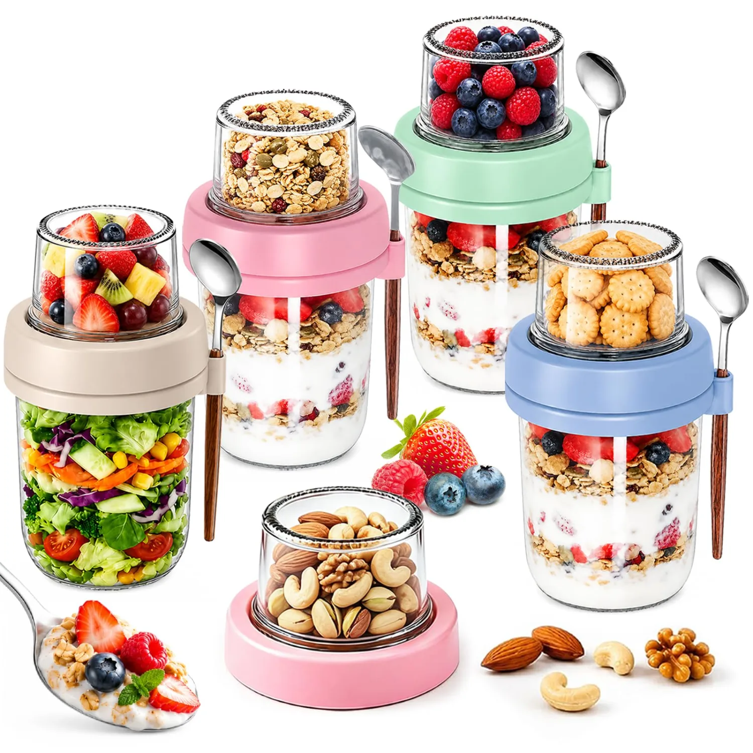 Yogurt Containers with Lids for Granola, 4 Pack Parfait Jars, Food Grade Glass, 20 oz Leakproof Overnight Oats Jars with Compartments for Oatmeal Salad Yogurt, BPA Free