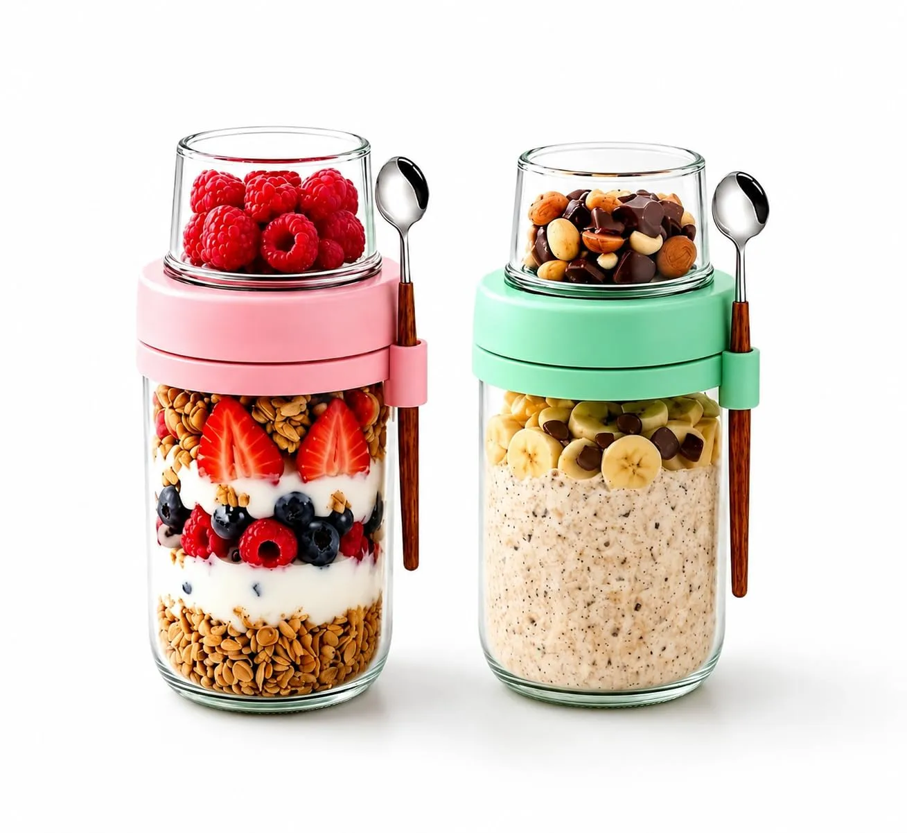 2 Pack Overnight Oats Containers with Lids, Glass Meal Prep Jars, Salad Jars with Spoons, Leakproof Overnight Oats Jars with Dry and Wet Separation for Oatmeal Salad Yogurt, BPA Free