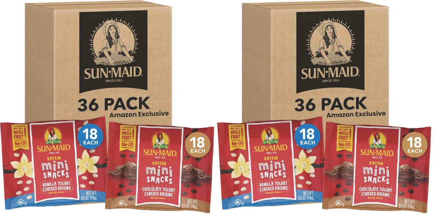 Sun-Maid Vanilla & Chocolate Yogurt Coated Raisins Variety Packets - 0.5 oz Mini Snack-Size Bag - Yogurt Covered Dried Fruit Snacks (Amazon Exclusive) (Pack of 72)