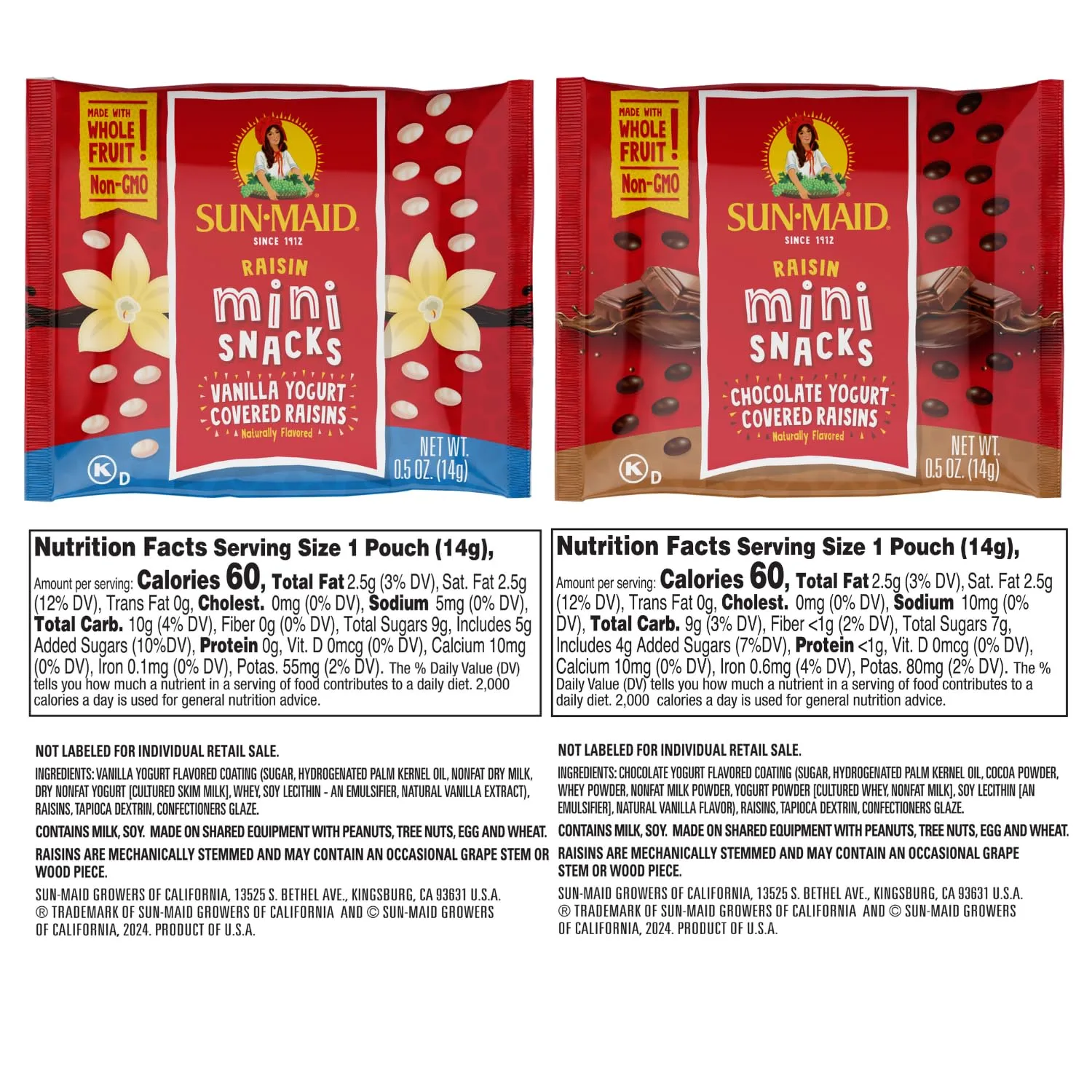 Sun-Maid Vanilla & Chocolate Yogurt Coated Raisins Variety Packets - 0.5 oz Mini Snack-Size Bag - Yogurt Covered Dried Fruit Snacks (Amazon Exclusive) (Pack of 72)