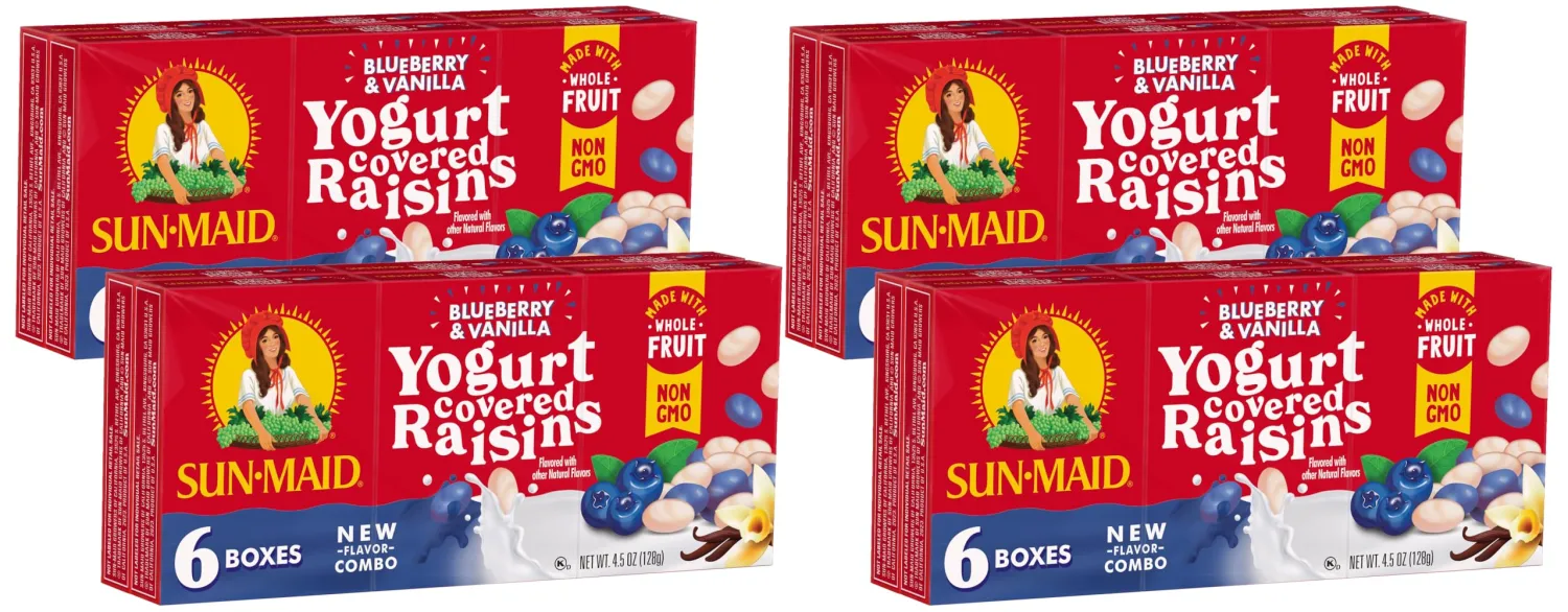 Sun-Maid Blueberry & Vanilla Yogurt Coated Raisins - (24 Pack) 0.75 oz Snack-Size Box - Yogurt Covered Dried Fruit for Lunches and Back to School Snacks